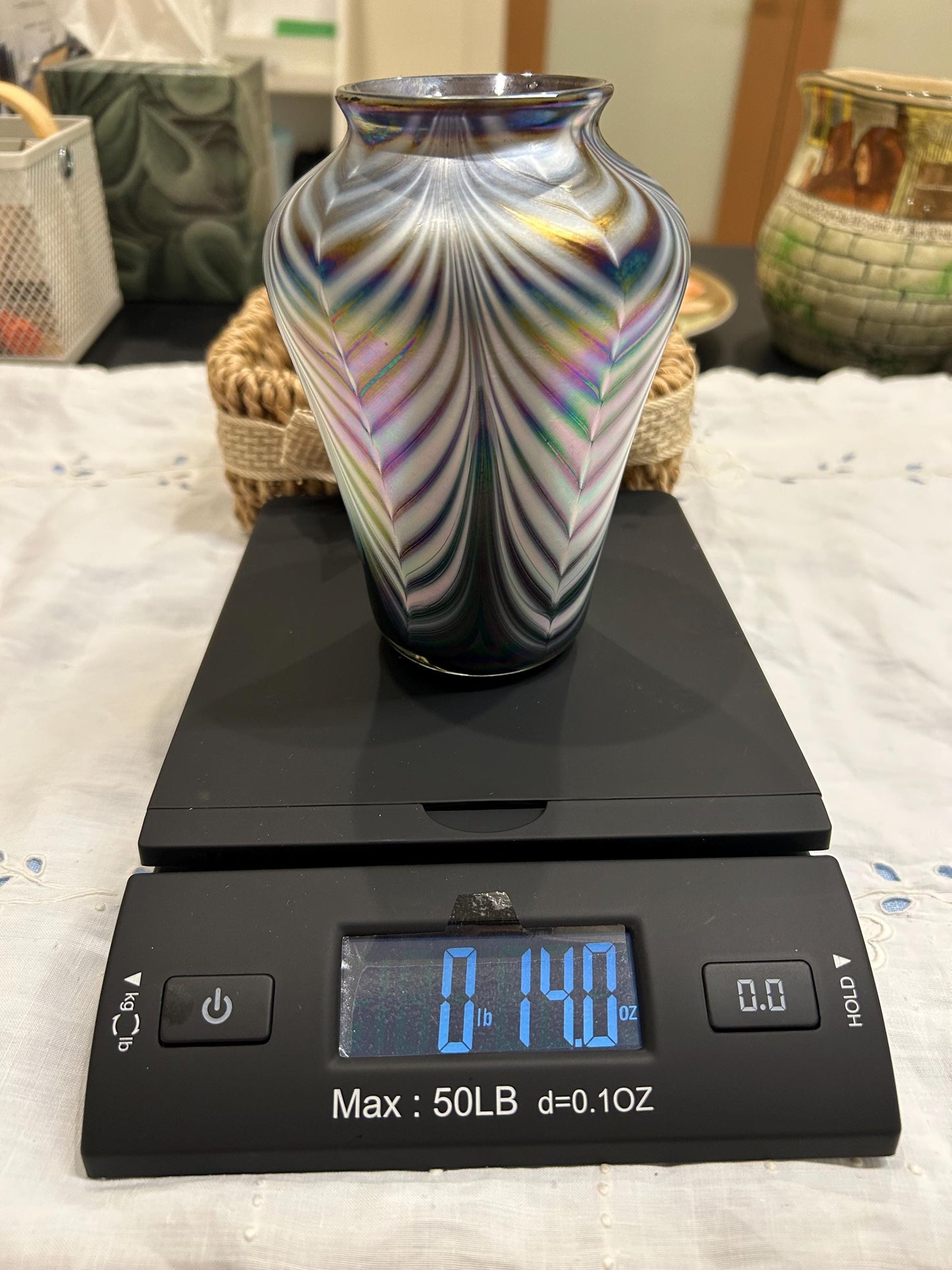 Signed Mt St Helens Ash Art Glass Vase - Iridescent Pulled Feather - Emerald City Seattle - 1980s Volcanic Ash Studio Glass - Memorial Vase