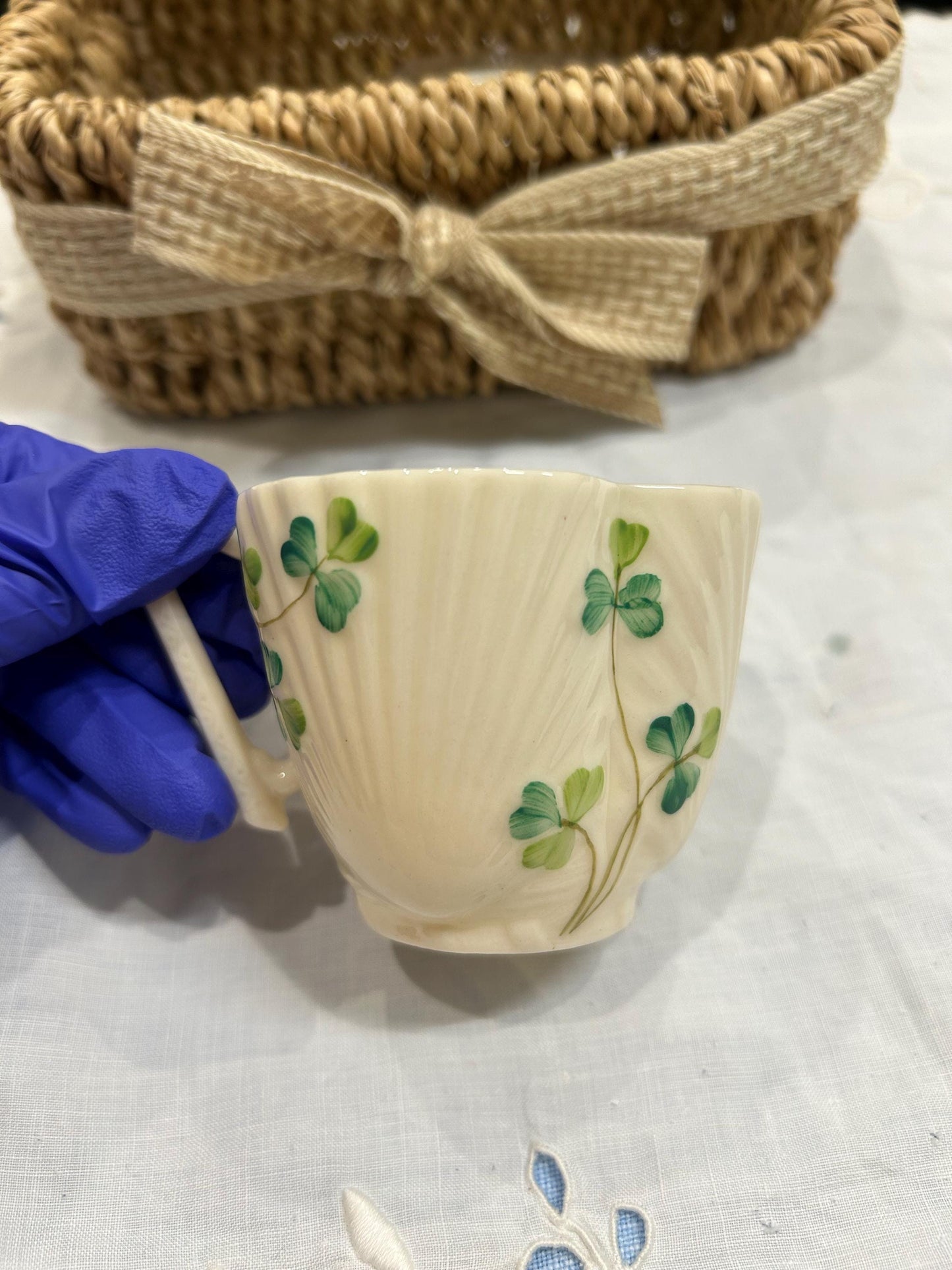 Vintage Belleek Shamrock Cup - Neptune Shell Pattern - 6th Black Mark 1965-1980 - Fine Irish Parian China Teacup - Lucky Clover Gift Ireland