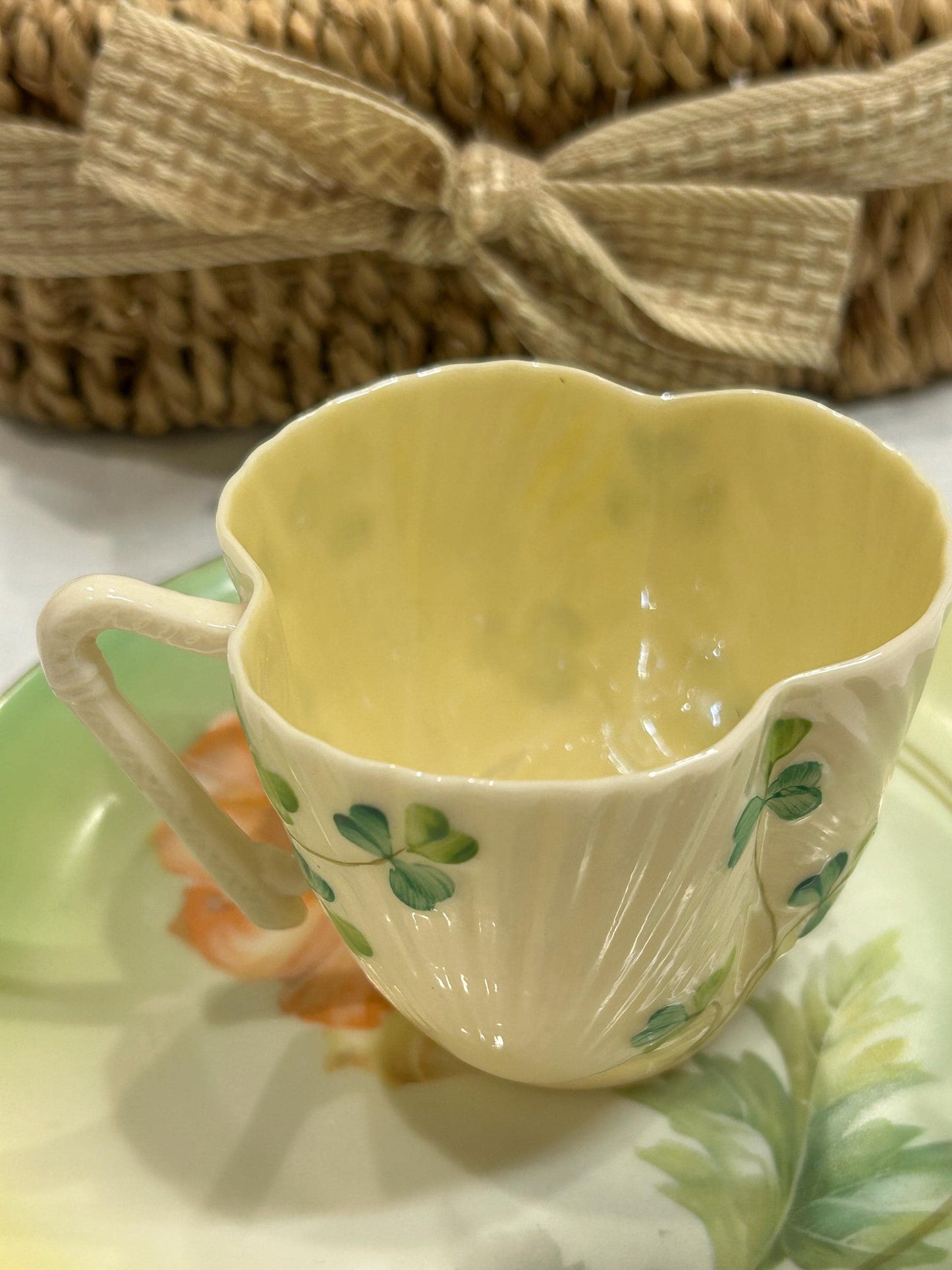 Vintage Belleek Shamrock Cup - Neptune Shell Pattern - 6th Black Mark 1965-1980 - Fine Irish Parian China Teacup - Lucky Clover Gift Ireland