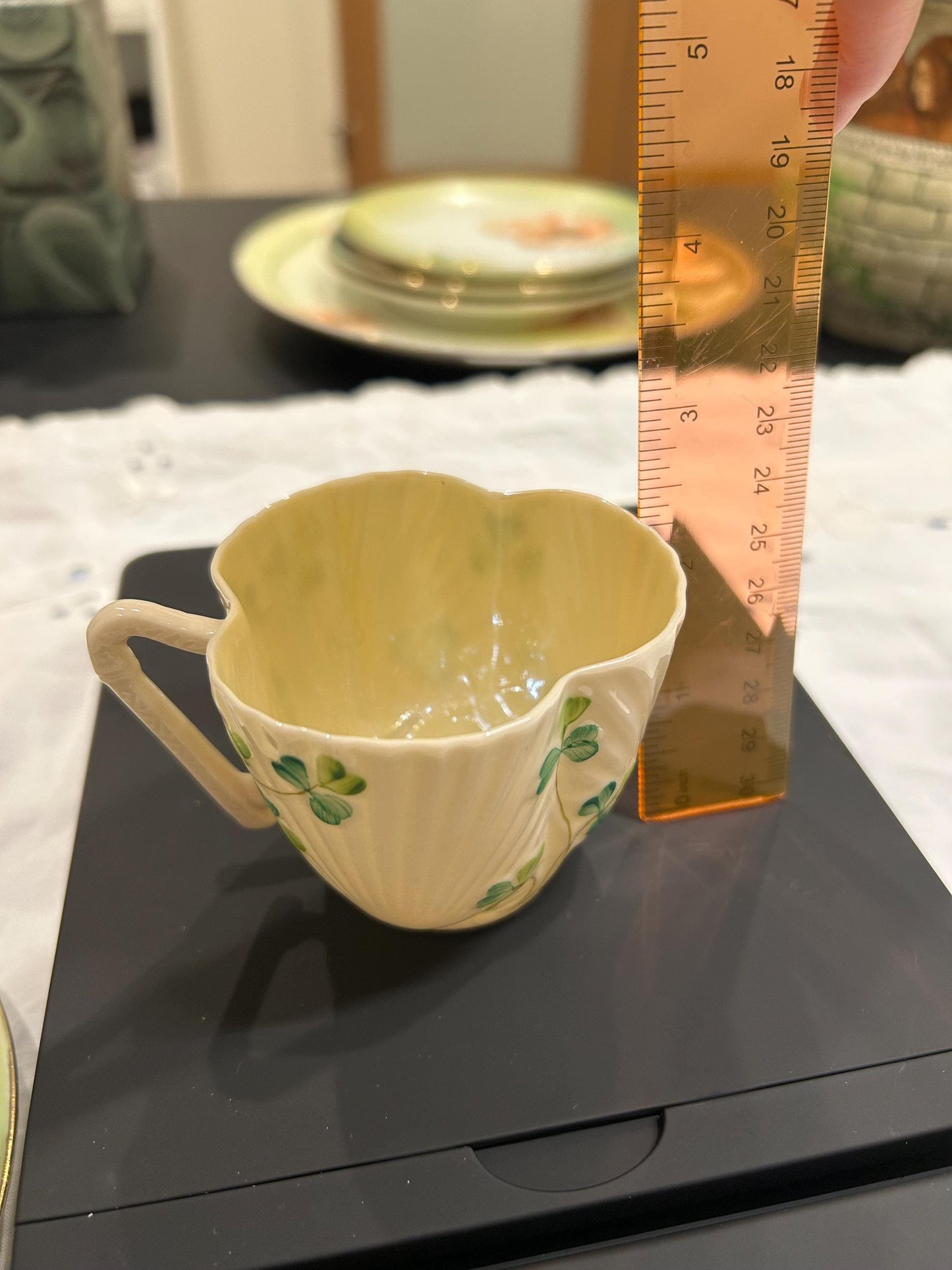 Vintage Belleek Shamrock Cup - Neptune Shell Pattern - 6th Black Mark 1965-1980 - Fine Irish Parian China Teacup - Lucky Clover Gift Ireland