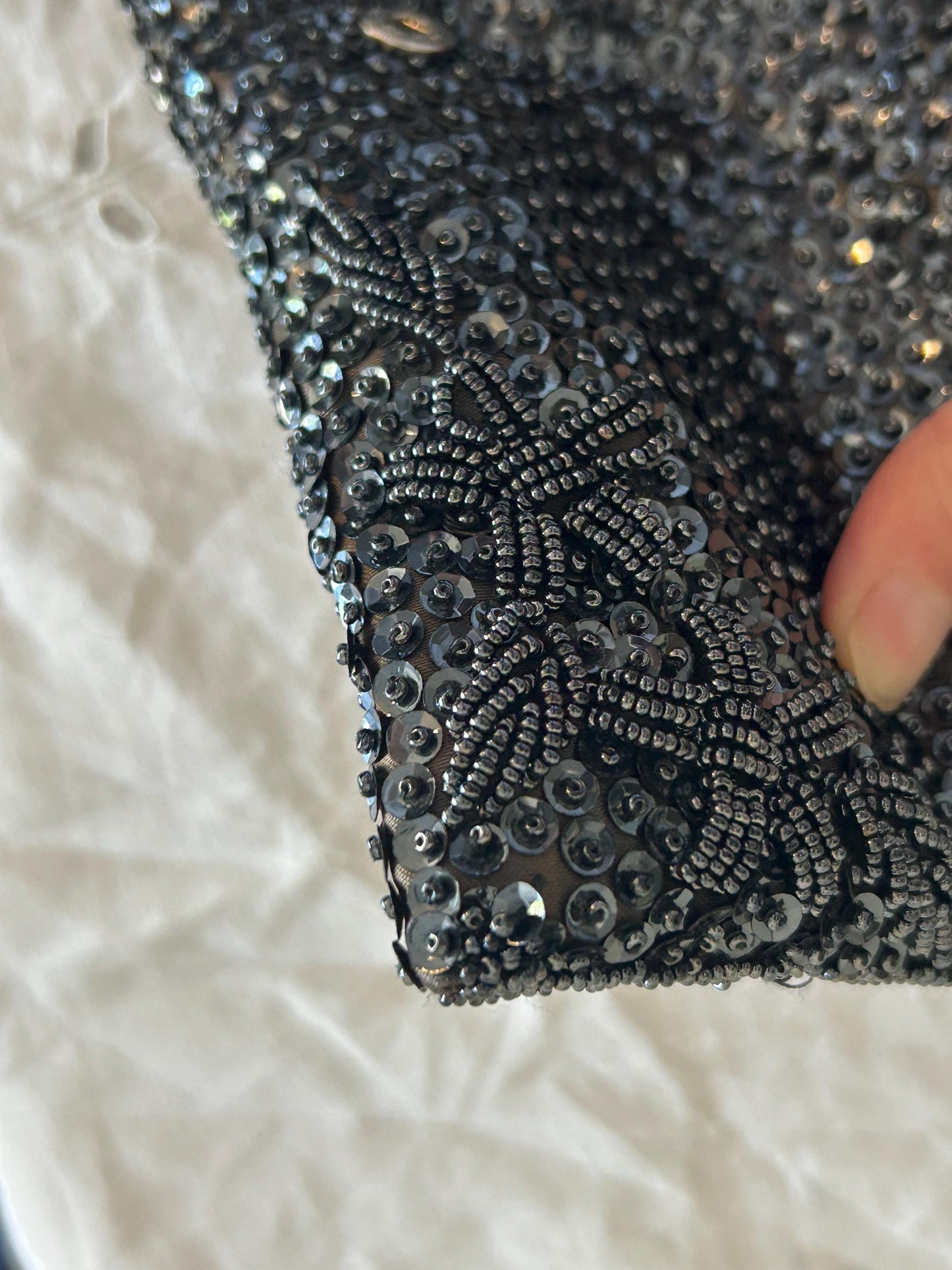Vintage MM Kane Black Beaded Sequin Clutch, 1960s Hand-Beaded Evening Bag, Floral Star Burst Pattern, Scholar Estate Cocktail Purse