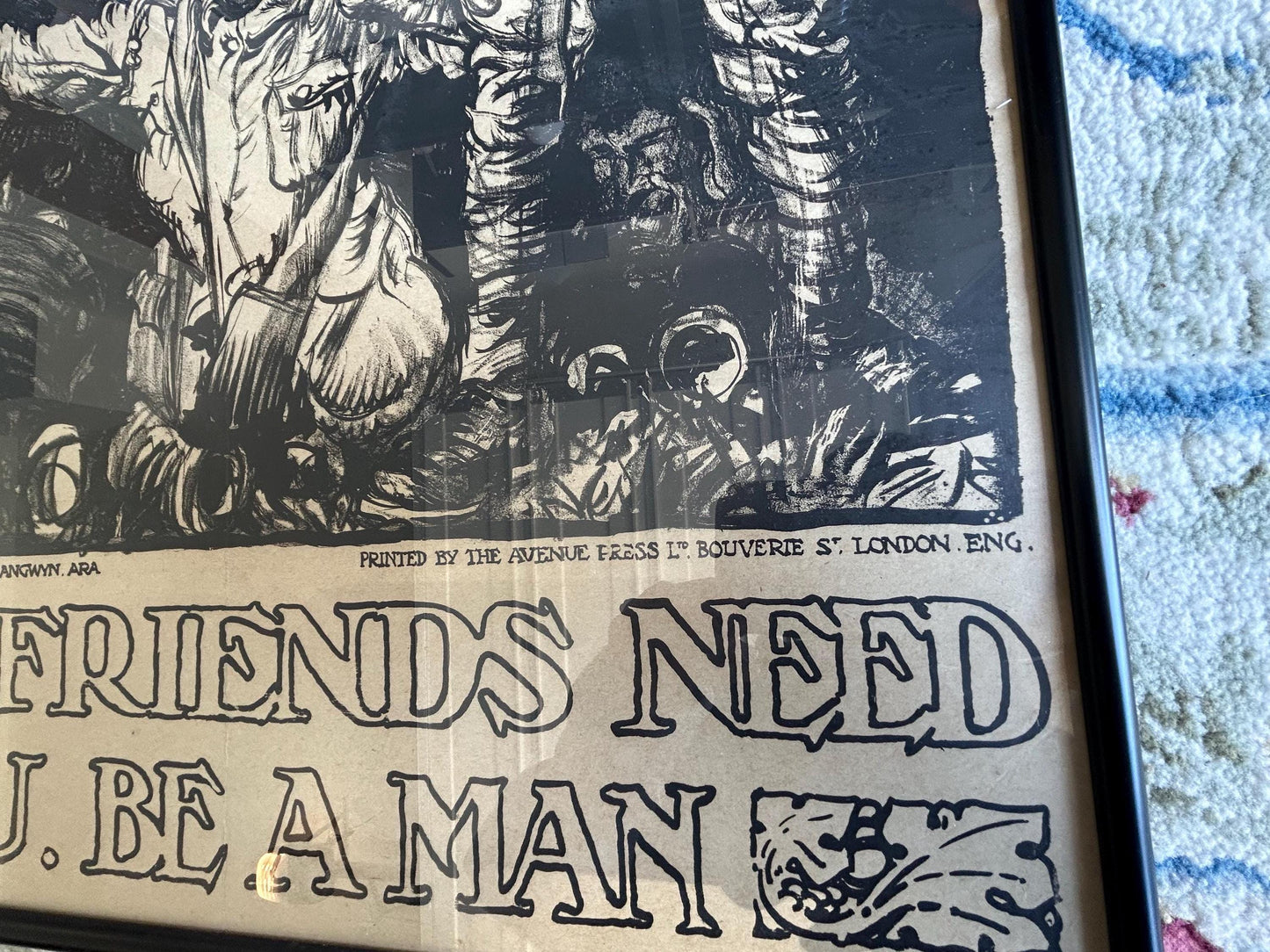 Antique 1915 Frank Brangwyn WWI Poster, At Neuve Chapelle, Original British Recruitment Lithograph, Avenue Press London, Framed Estate