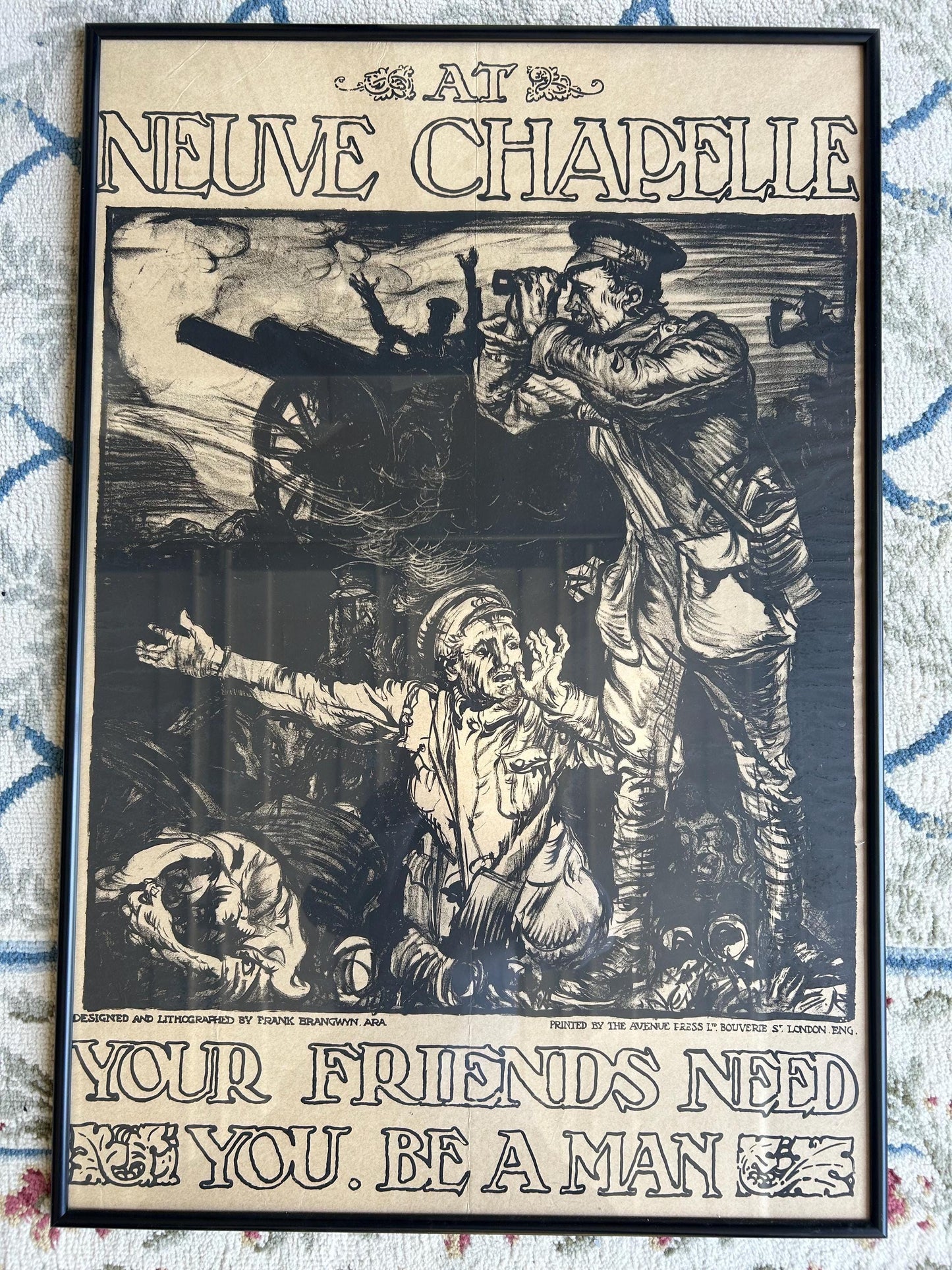 Antique 1915 Frank Brangwyn WWI Poster, At Neuve Chapelle, Original British Recruitment Lithograph, Avenue Press London, Framed Estate