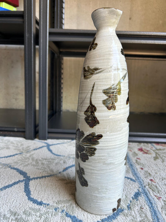 Vintage Japanese Happu-yaki Pottery Vase, Signed Kizan, Hand-Painted Floral Iron-Glaze, Mid-Century Studio Ikebana Hanaire Bottle Vase