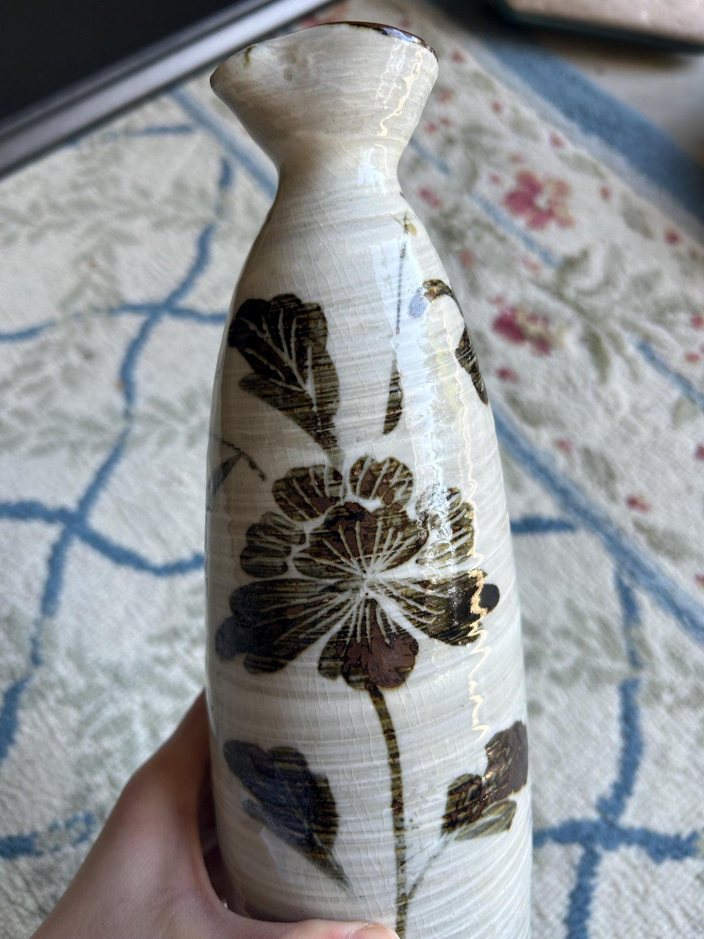 Vintage Japanese Happu-yaki Pottery Vase, Signed Kizan, Hand-Painted Floral Iron-Glaze, Mid-Century Studio Ikebana Hanaire Bottle Vase