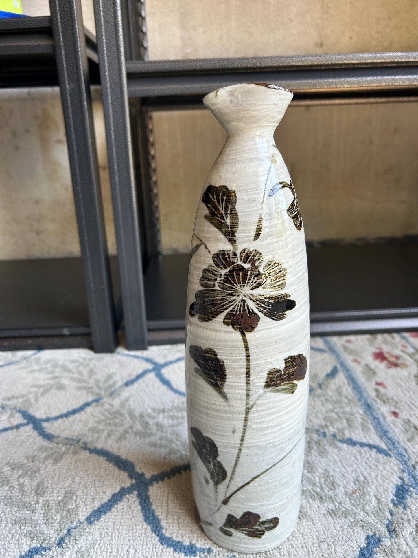 Vintage Japanese Happu-yaki Pottery Vase, Signed Kizan, Hand-Painted Floral Iron-Glaze, Mid-Century Studio Ikebana Hanaire Bottle Vase