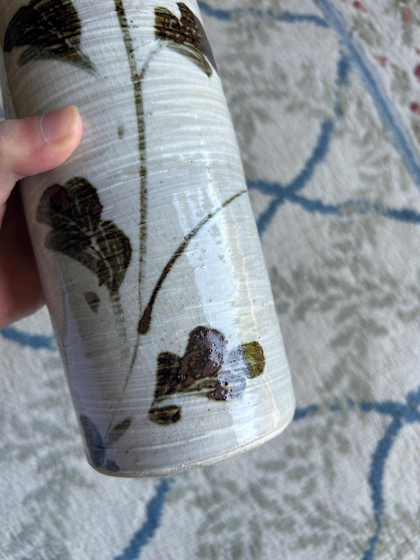 Vintage Japanese Happu-yaki Pottery Vase, Signed Kizan, Hand-Painted Floral Iron-Glaze, Mid-Century Studio Ikebana Hanaire Bottle Vase