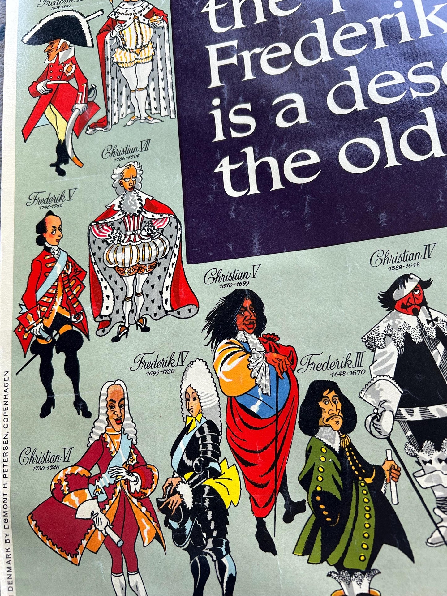 Original 1950s Denmark Royal Lineage Poster - Thelander Illustration - Mid-Century Danish Travel Art - Gorm the Old to Frederik IX