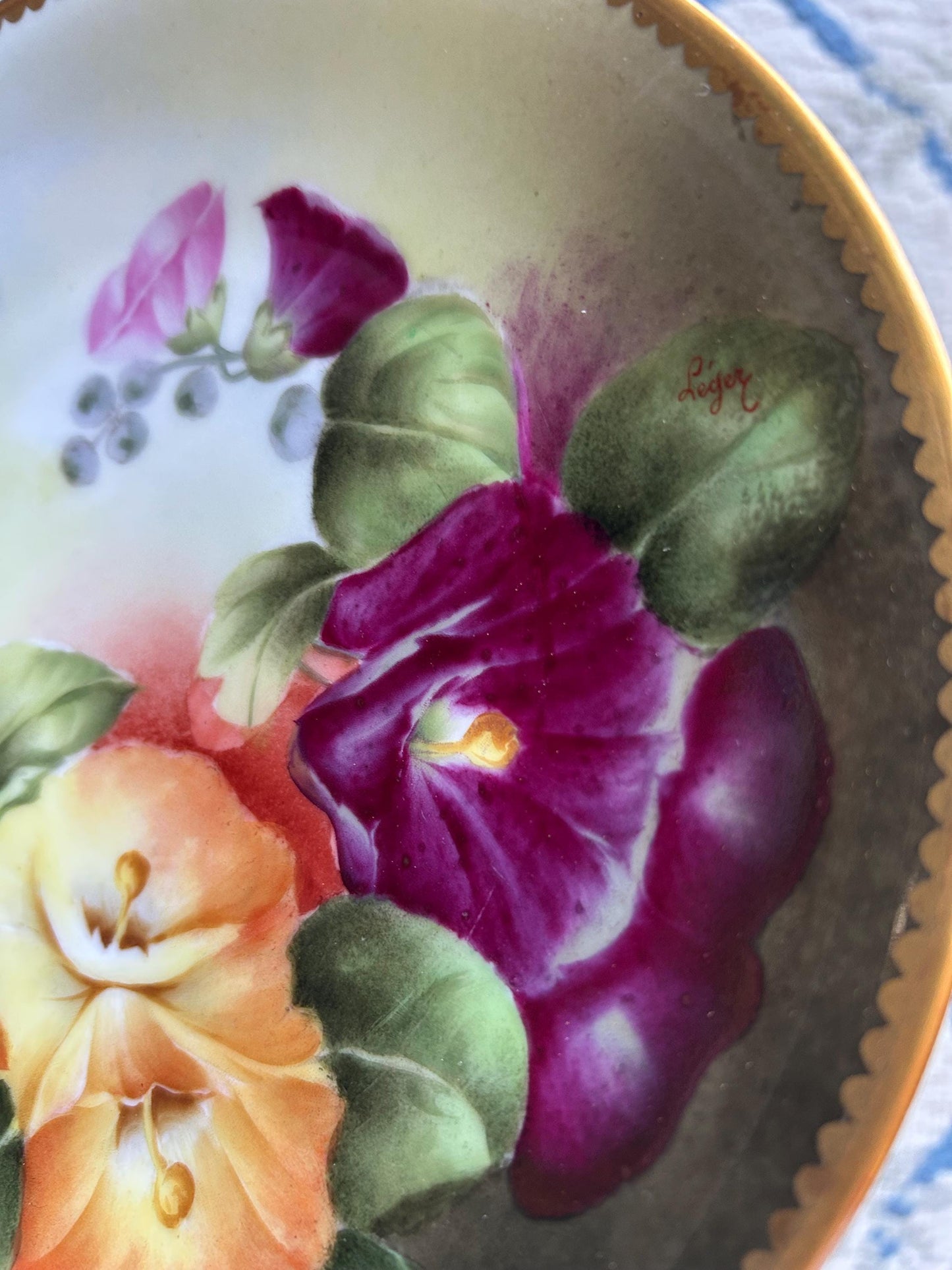 Antique T&V Limoges Hand Painted Morning Glories Plate, Signed Léger, Gold Gilt Cabinet Plate, French Porcelain c. 1900, Floral Wall Art