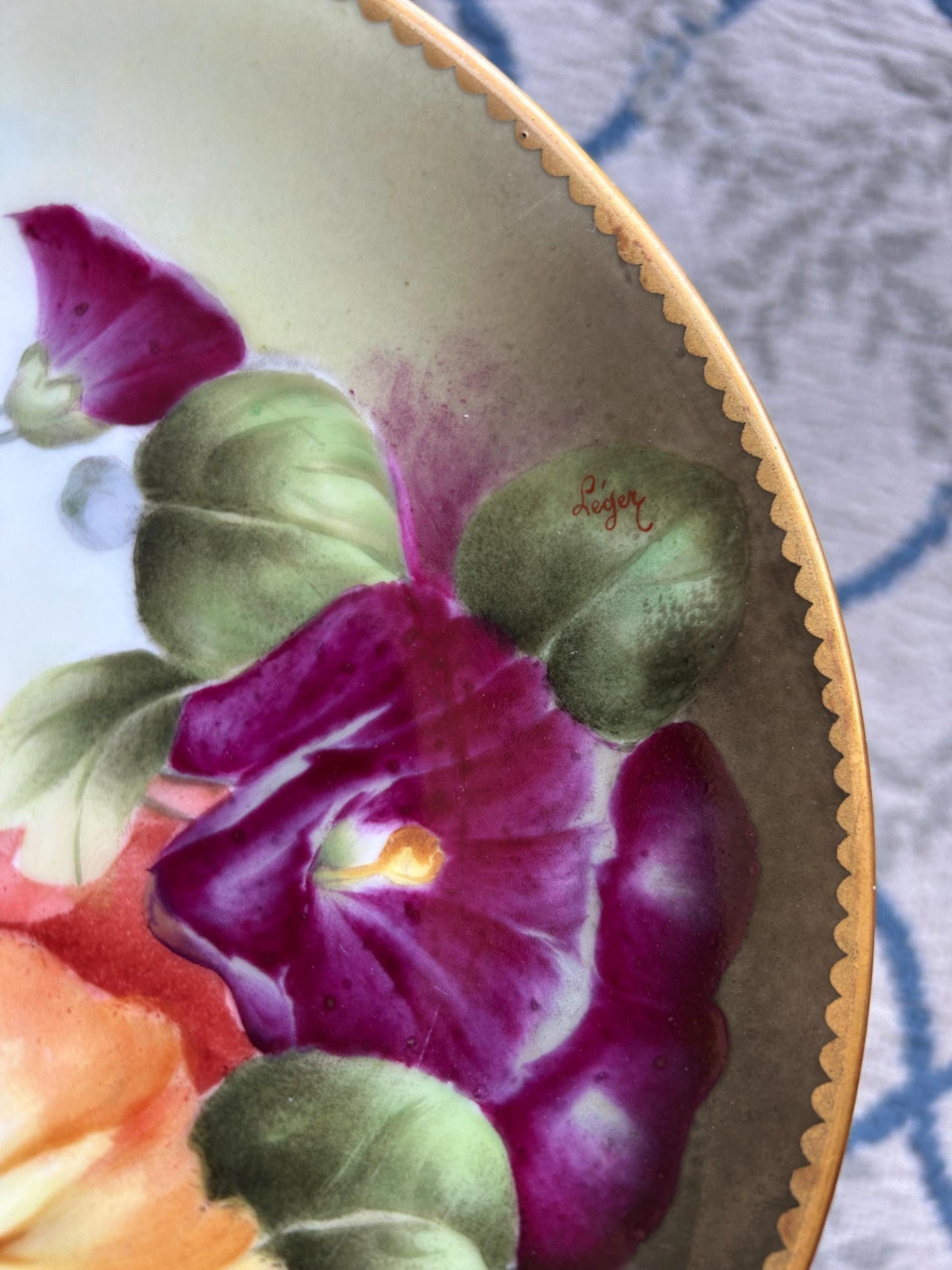 Antique T&V Limoges Hand Painted Morning Glories Plate, Signed Léger, Gold Gilt Cabinet Plate, French Porcelain c. 1900, Floral Wall Art