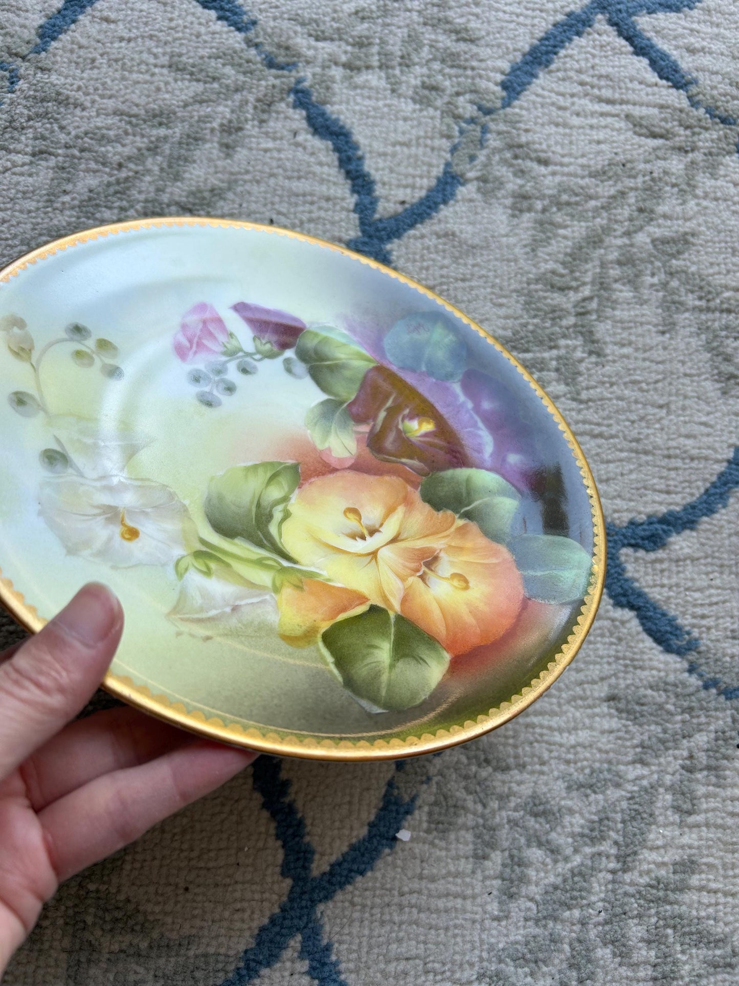 Antique T&V Limoges Hand Painted Morning Glories Plate, Signed Léger, Gold Gilt Cabinet Plate, French Porcelain c. 1900, Floral Wall Art