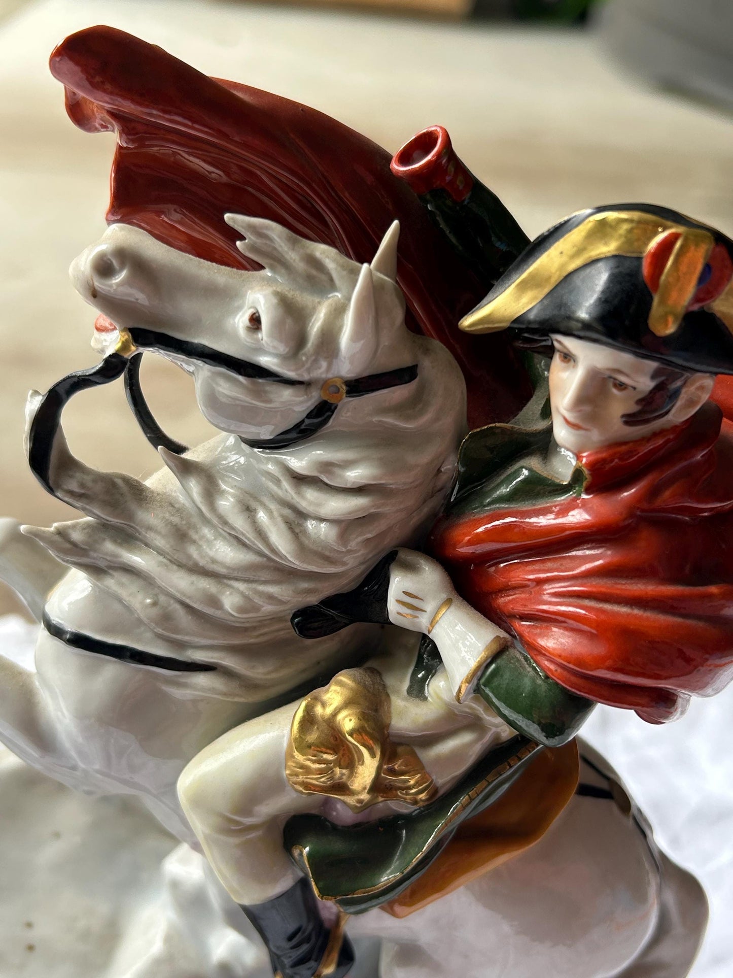 Scheibe-Alsbach Napoleon Crossing the Alps Porcelain Figurine - German Art Porcelain - Blue Crown N Mark - Hand Painted Horseback Statue