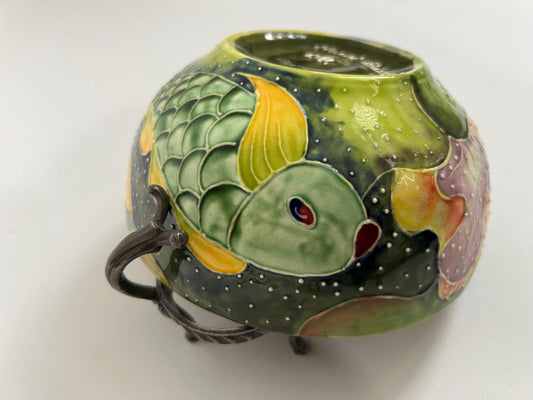 Anna H Handmade Studio Pottery Bowl - Original Underwater Koi Fish & Lily Pad Design - Raised Glaze Ceramic Art - Small Artisan Serving Bowl