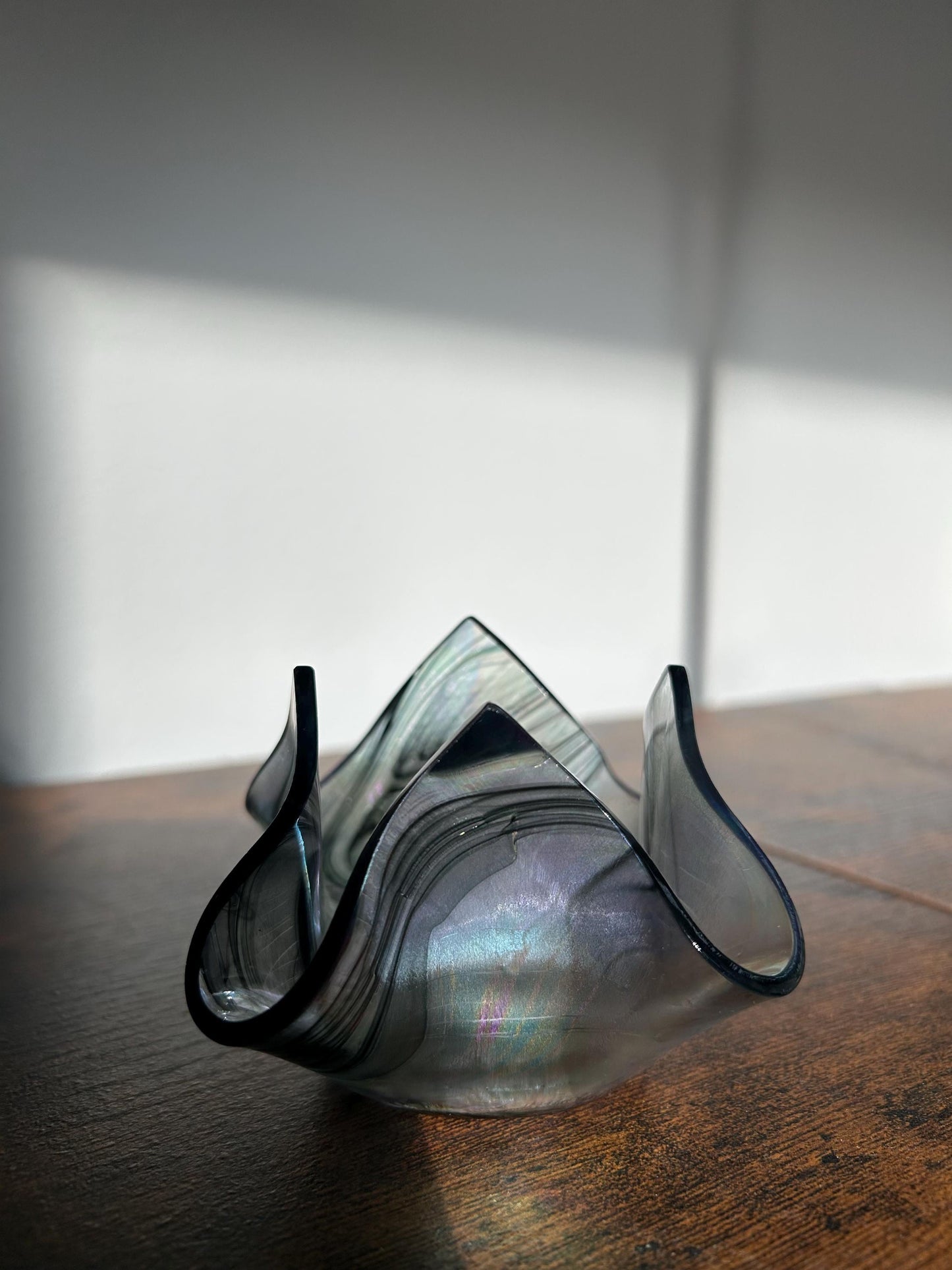 Signed Studio Art Glass Iridescent Ruffled Bowl - Dated 1999 - Hand Blown Smoky Rainbow Catchall - Unique Wavy Edge Decorative Dish