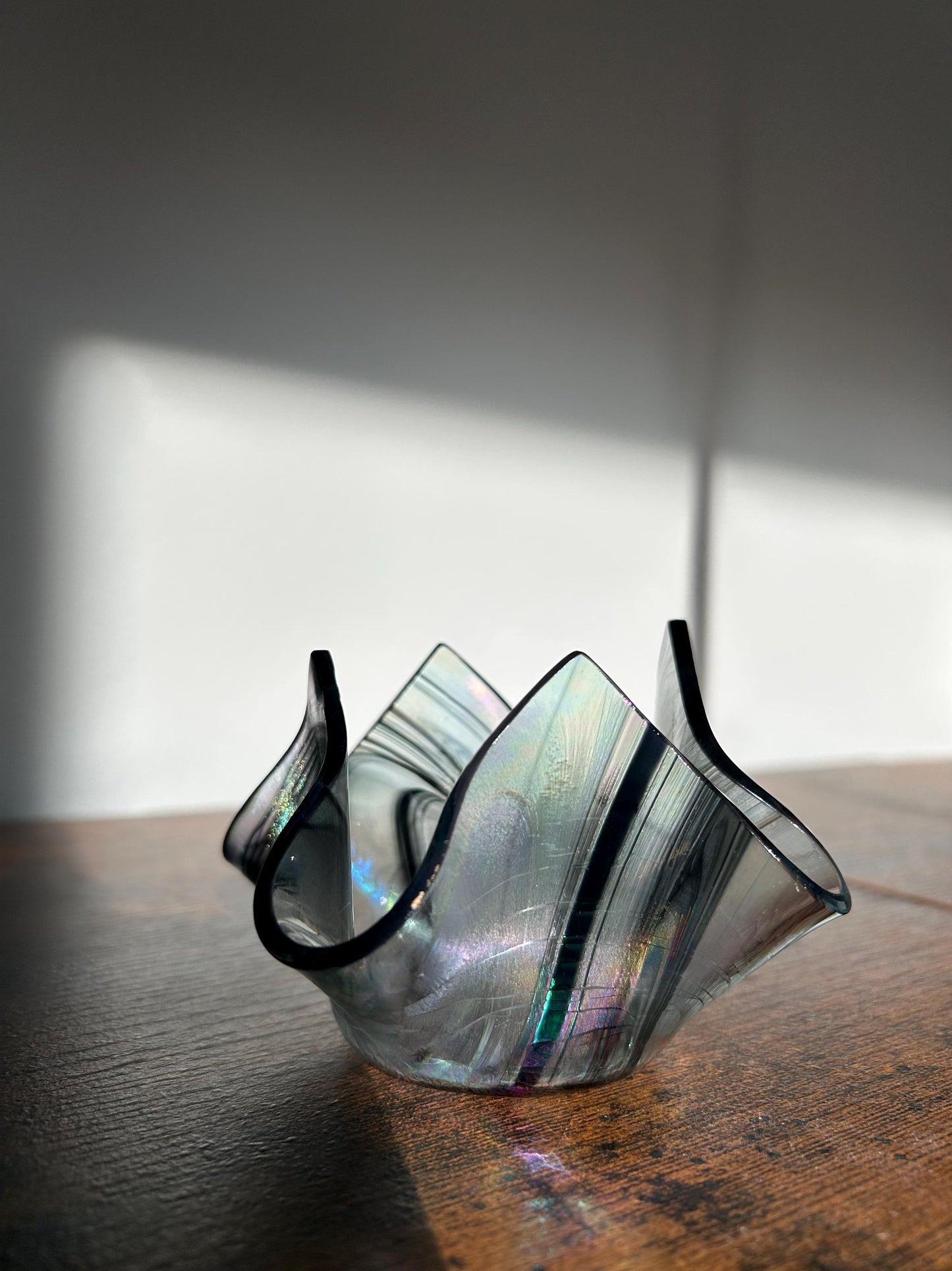 Signed Studio Art Glass Iridescent Ruffled Bowl - Dated 1999 - Hand Blown Smoky Rainbow Catchall - Unique Wavy Edge Decorative Dish