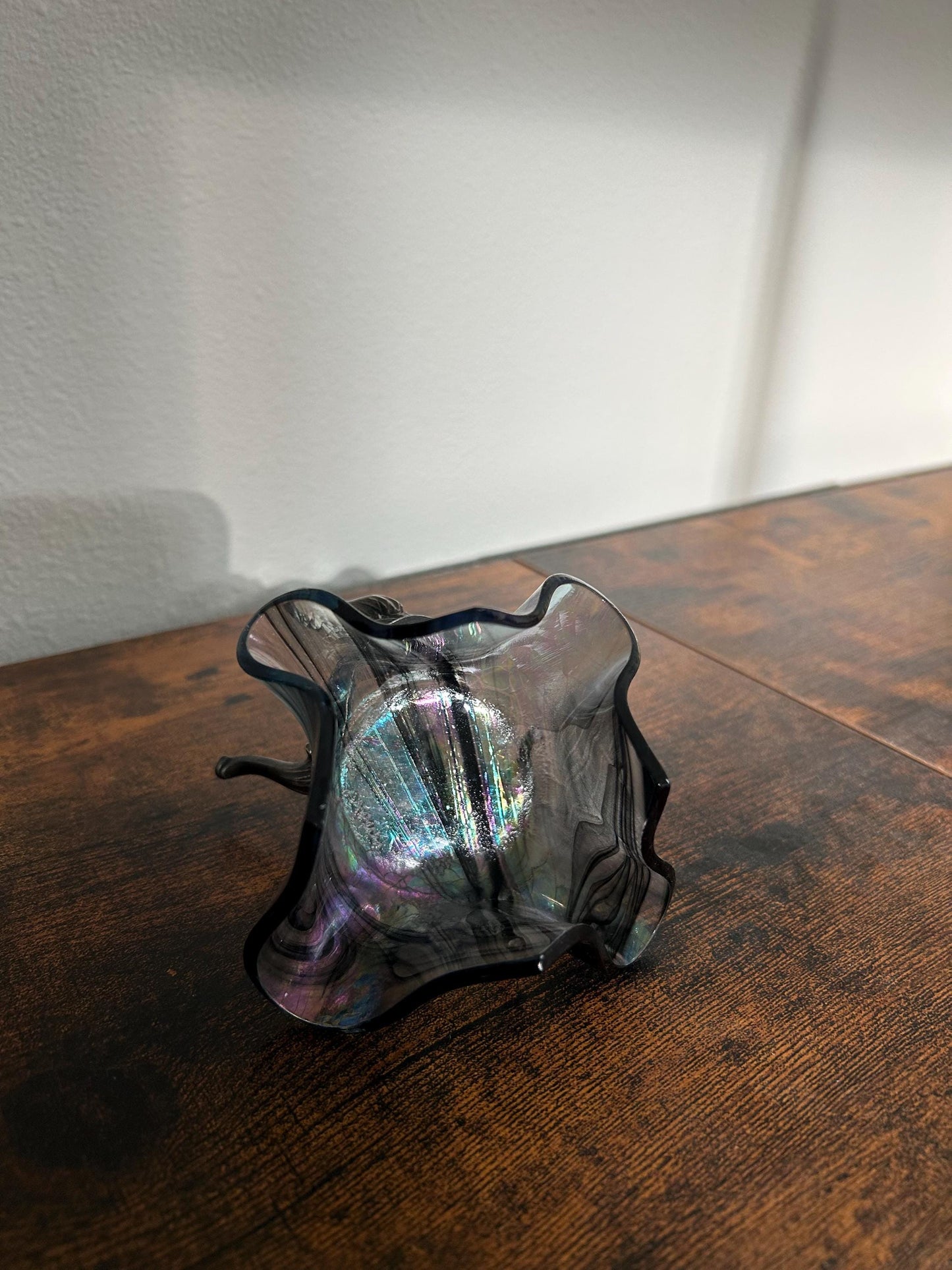 Signed Studio Art Glass Iridescent Ruffled Bowl - Dated 1999 - Hand Blown Smoky Rainbow Catchall - Unique Wavy Edge Decorative Dish