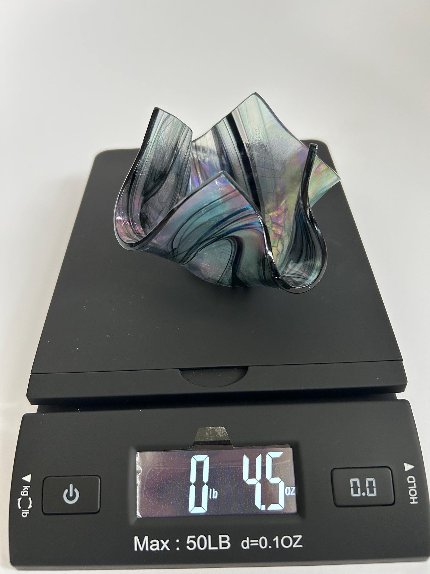 Signed Studio Art Glass Iridescent Ruffled Bowl - Dated 1999 - Hand Blown Smoky Rainbow Catchall - Unique Wavy Edge Decorative Dish