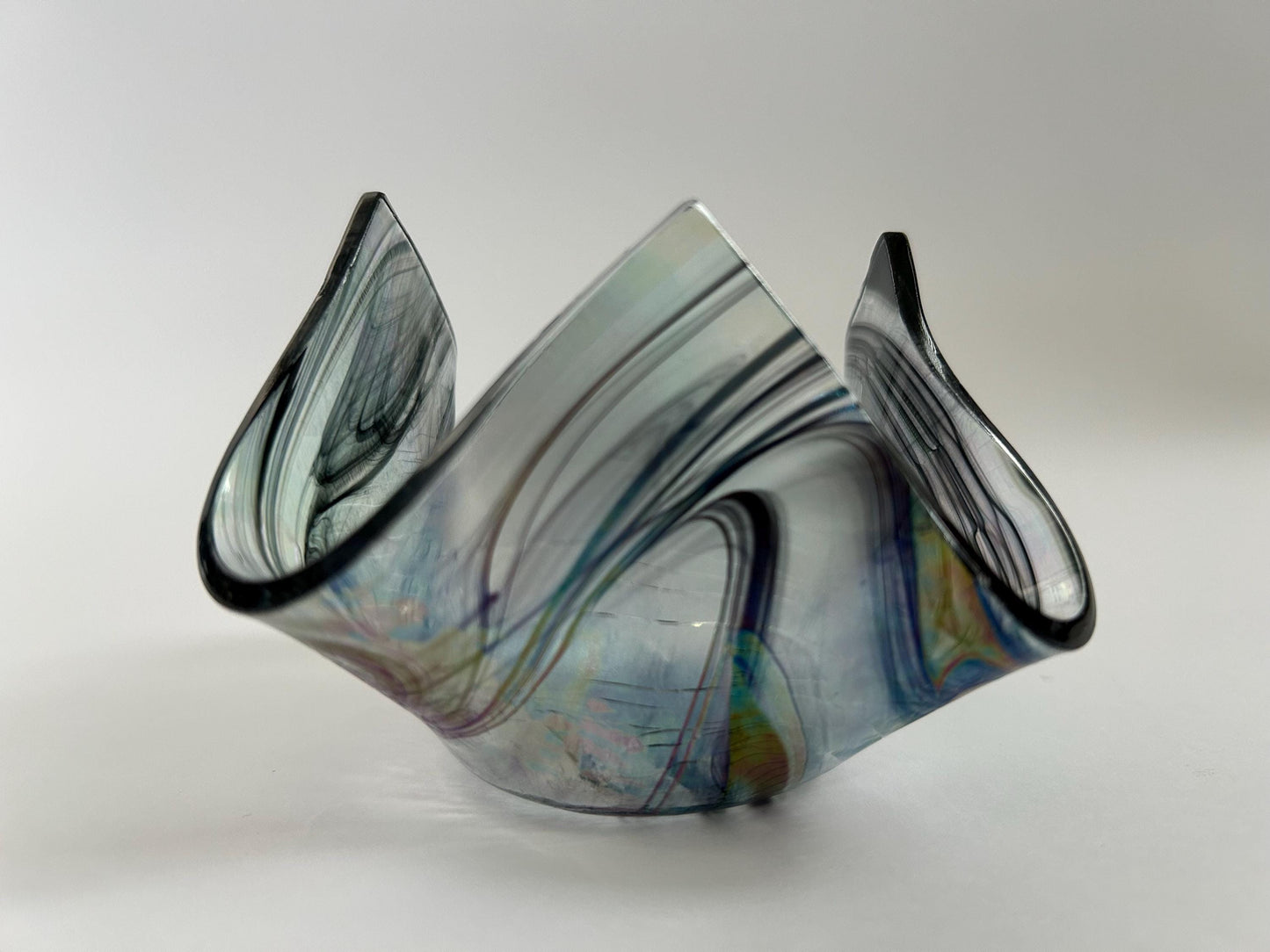 Signed Studio Art Glass Iridescent Ruffled Bowl - Dated 1999 - Hand Blown Smoky Rainbow Catchall - Unique Wavy Edge Decorative Dish