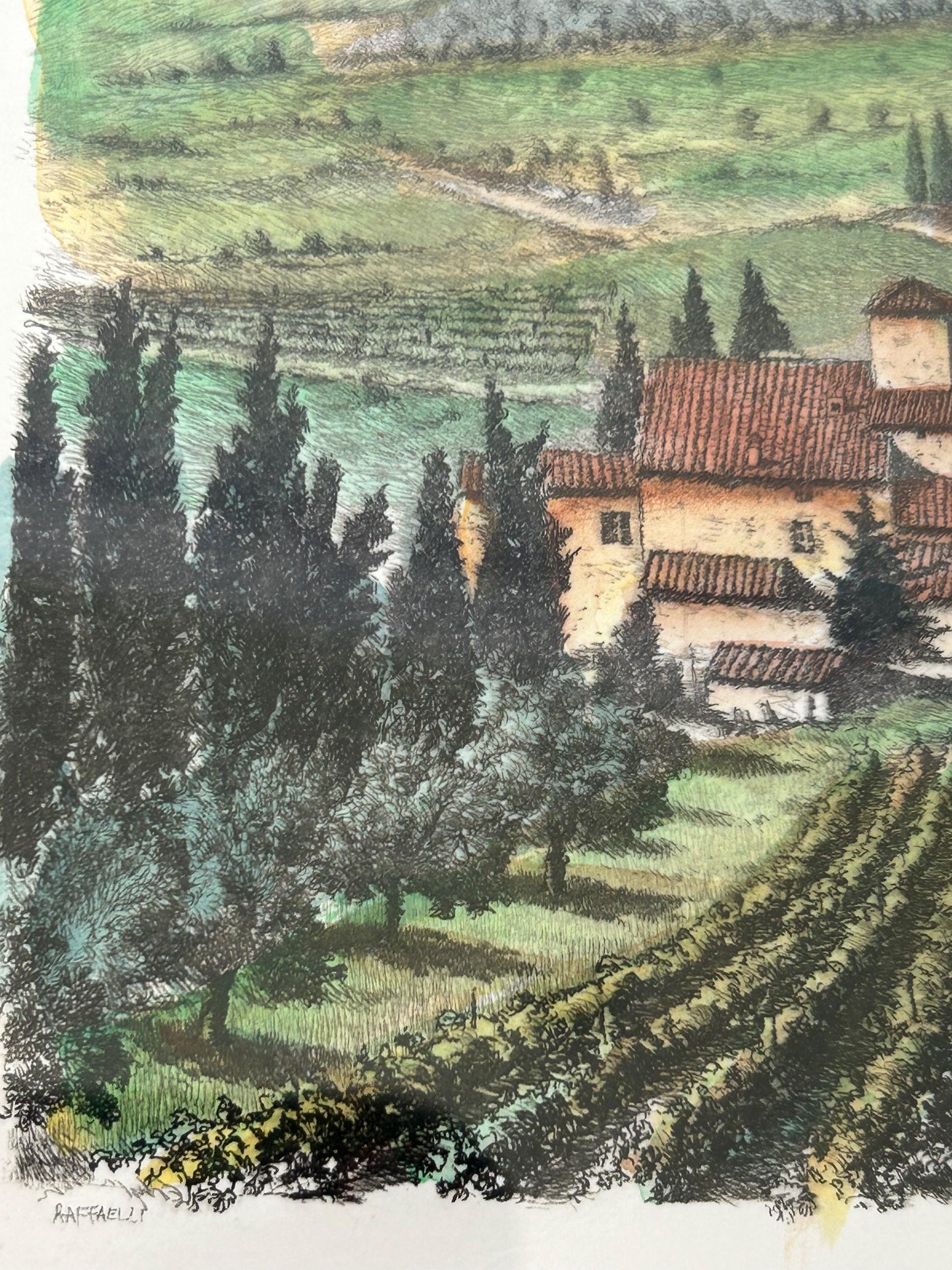 Gianni Raffaelli Signed Italian Landscape Etching - Hand-Colored Limited Edition 81/450-Framed & Matted Tuscany Vineyard Art-Florence Artist