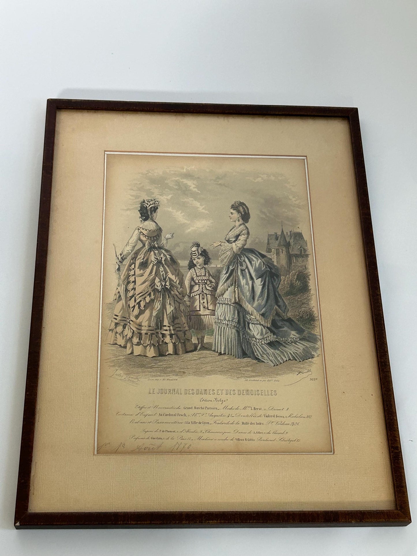 Antique 1870 Jules David Fashion Plate, Hand Colored Engraving, Mother Daughter Castle Scene, Journal des Dames Edition Belge, Framed