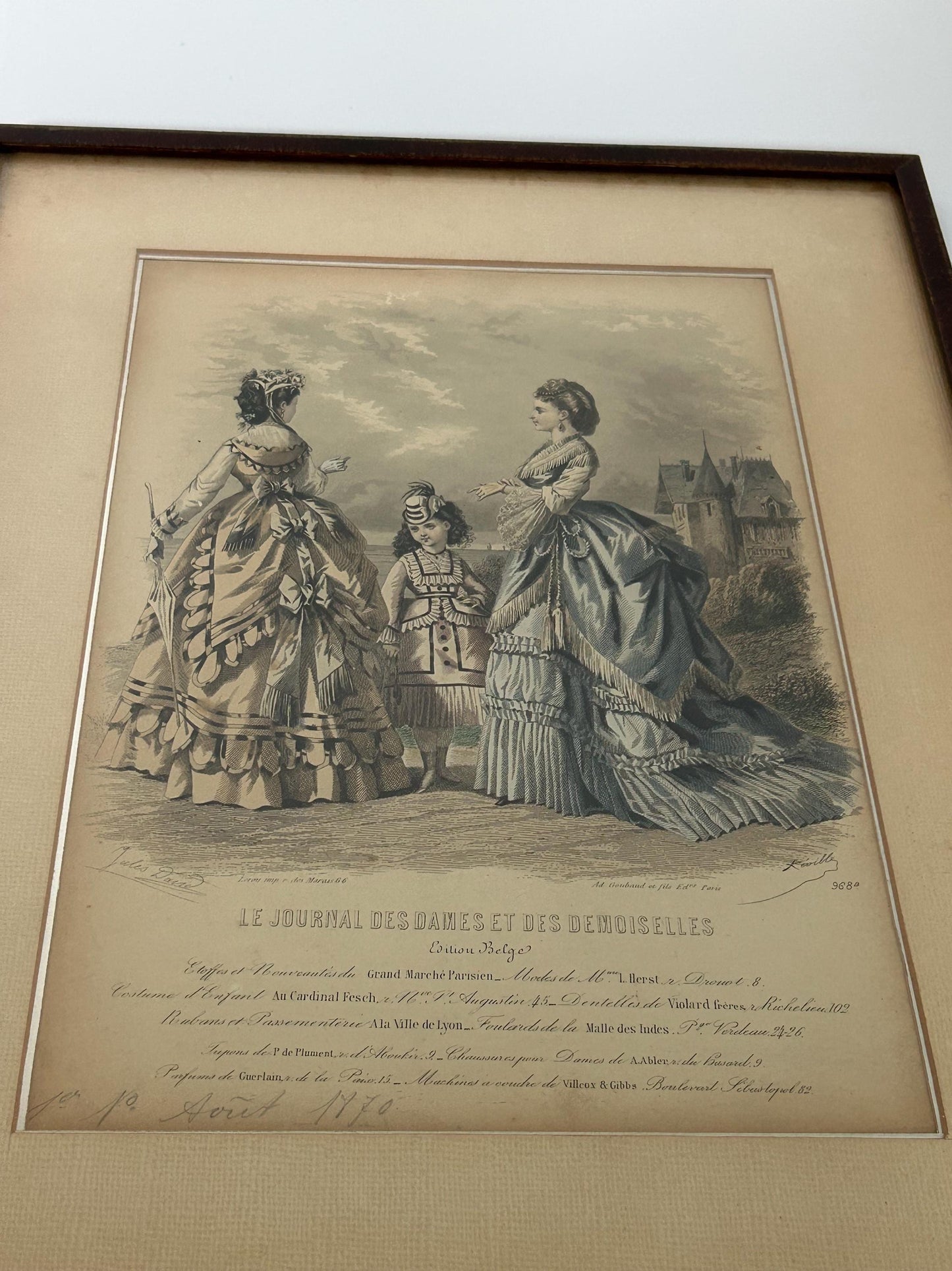Antique 1870 Jules David Fashion Plate, Hand Colored Engraving, Mother Daughter Castle Scene, Journal des Dames Edition Belge, Framed