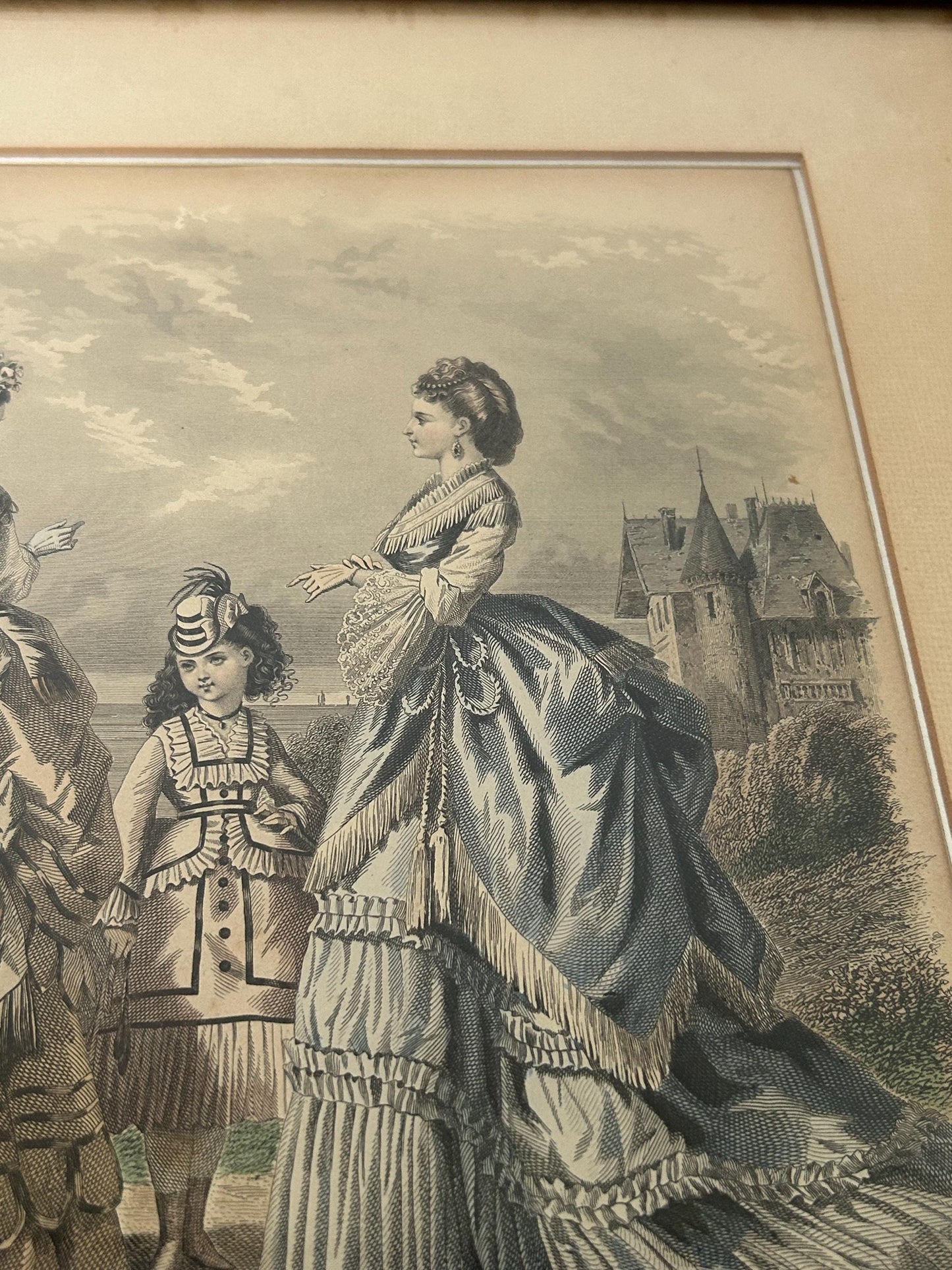 Antique 1870 Jules David Fashion Plate, Hand Colored Engraving, Mother Daughter Castle Scene, Journal des Dames Edition Belge, Framed