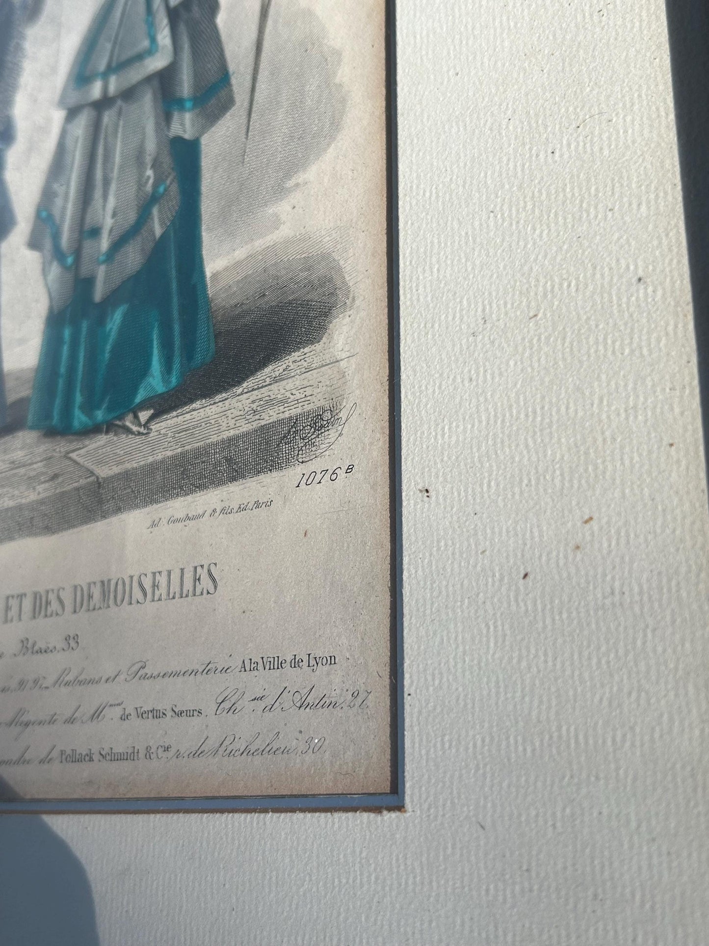 Antique 1874 French Fashion Plate, Hand Colored Engraving, Emerald Teal Polonaise, Journal des Dames Edition Belge, Framed Victorian Art