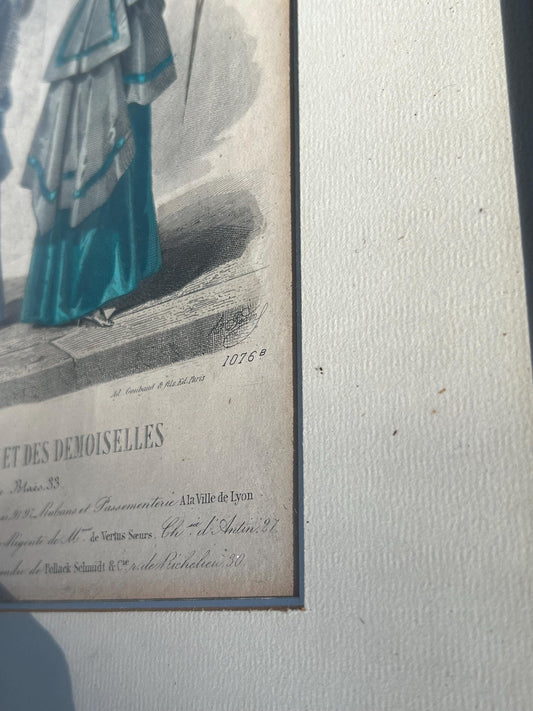 Antique 1874 French Fashion Plate, Hand Colored Engraving, Emerald Teal Polonaise, Journal des Dames Edition Belge, Framed Victorian Art
