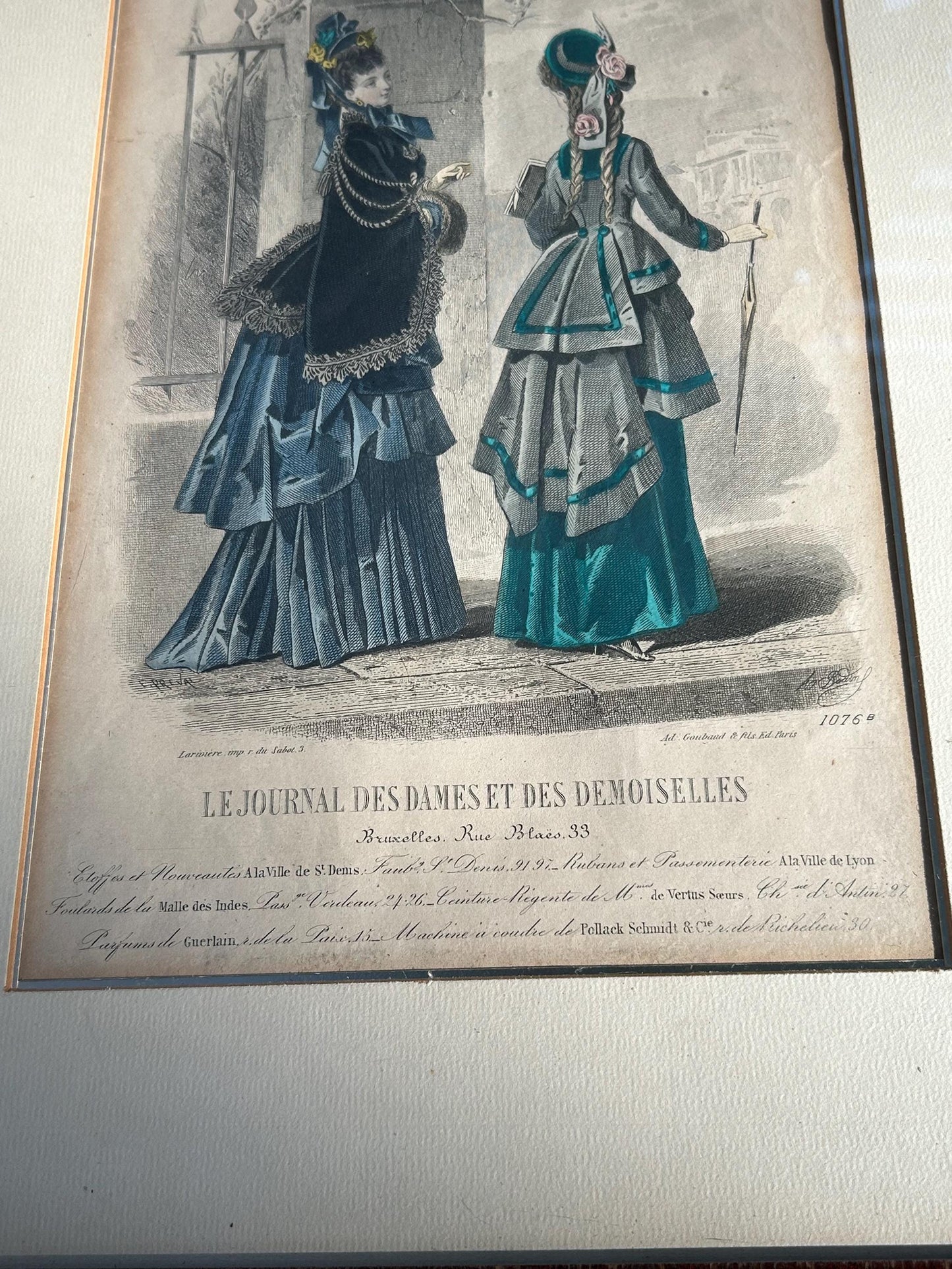 Antique 1874 French Fashion Plate, Hand Colored Engraving, Emerald Teal Polonaise, Journal des Dames Edition Belge, Framed Victorian Art