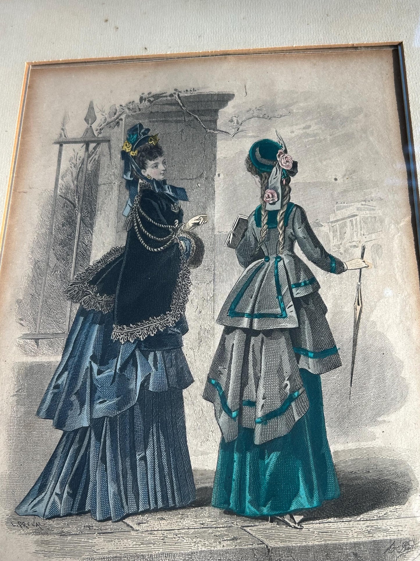 Antique 1874 French Fashion Plate, Hand Colored Engraving, Emerald Teal Polonaise, Journal des Dames Edition Belge, Framed Victorian Art