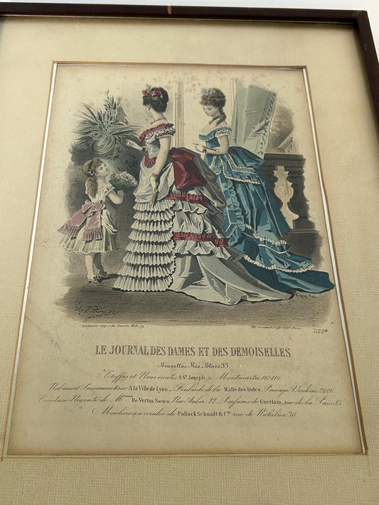Antique 1873 French Fashion Plate Early Bustle Era Hand Colored Engraving Le Journal des Dames Framed Victorian Wall Art