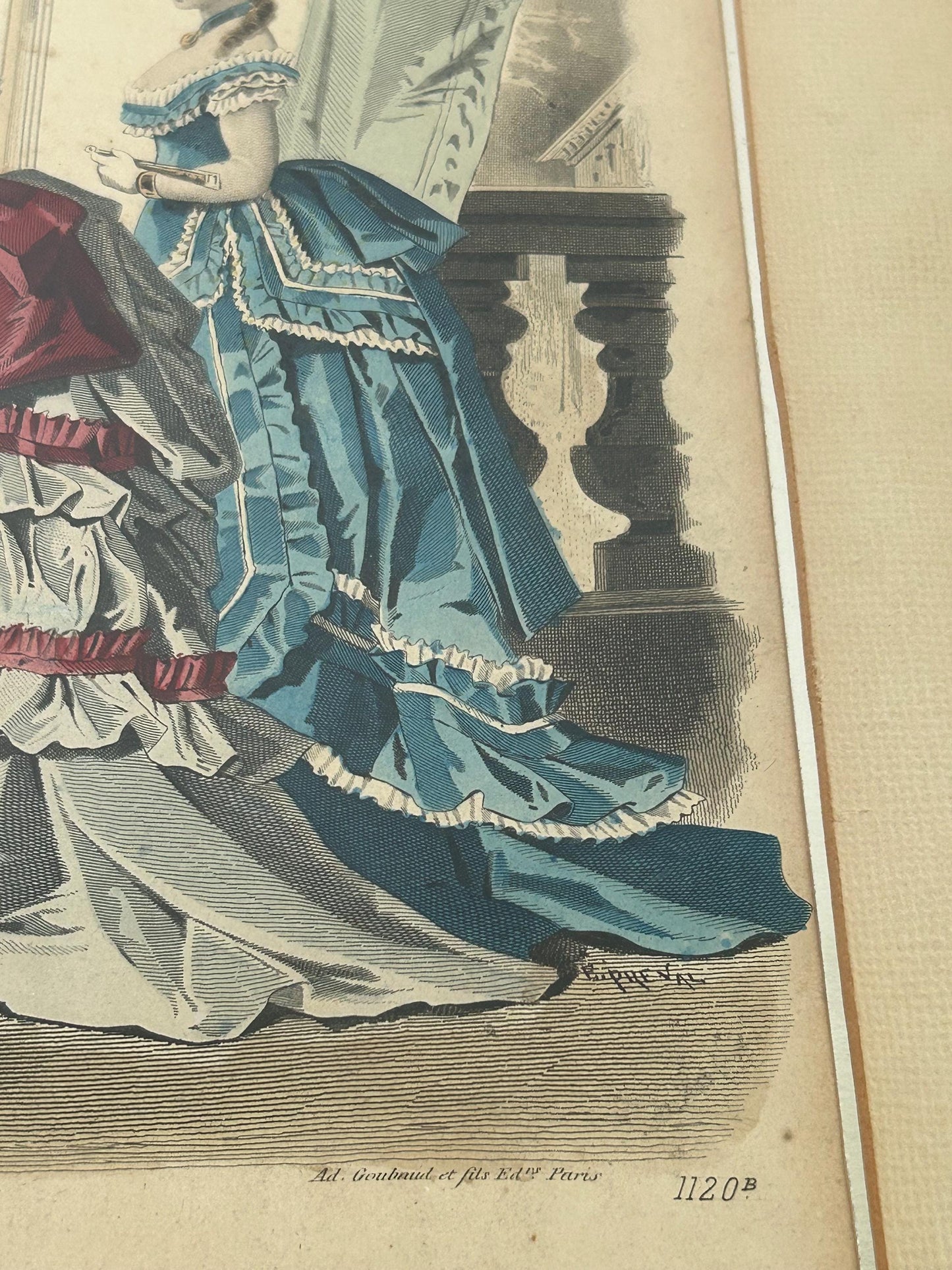 Antique 1873 French Fashion Plate Early Bustle Era Hand Colored Engraving Le Journal des Dames Framed Victorian Wall Art