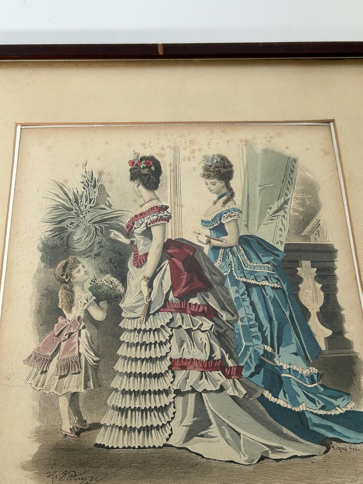 Antique 1873 French Fashion Plate Early Bustle Era Hand Colored Engraving Le Journal des Dames Framed Victorian Wall Art