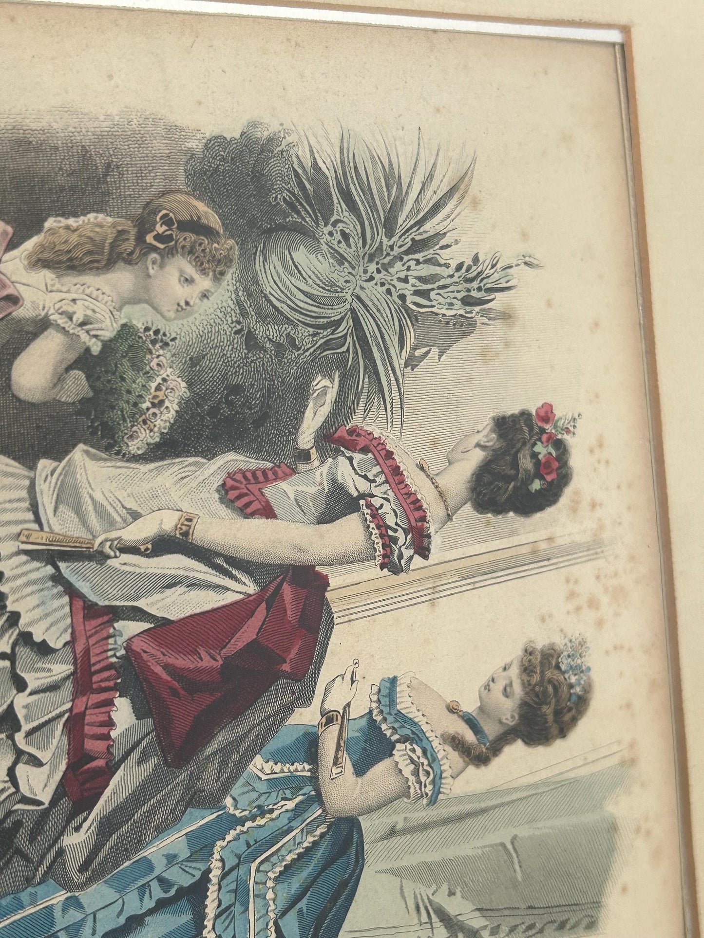 Antique 1873 French Fashion Plate Early Bustle Era Hand Colored Engraving Le Journal des Dames Framed Victorian Wall Art