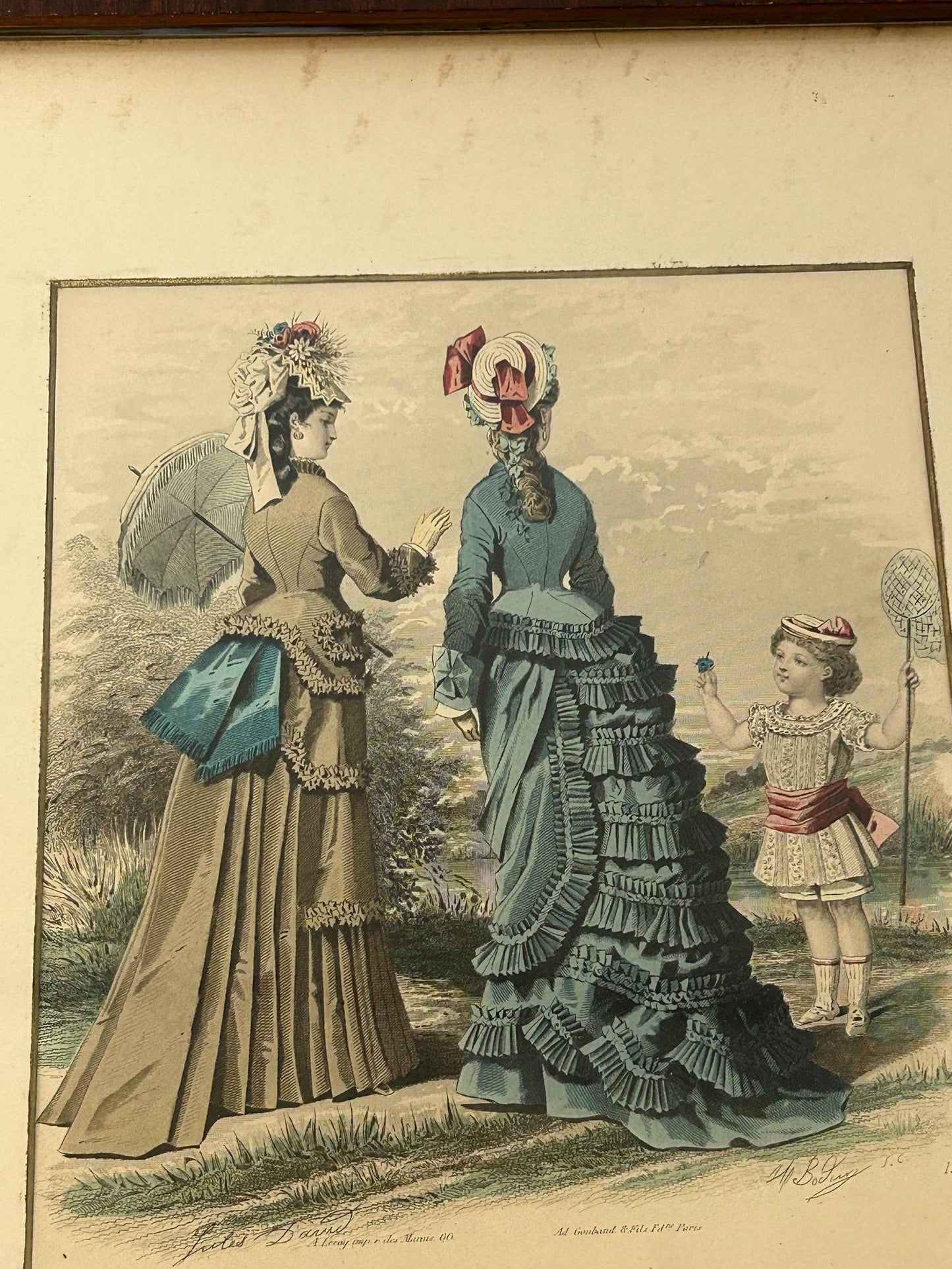 Antique 1875 Jules David Signed French Fashion Plate Hand Colored Engraving Le Journal des Dames Bustle Era Framed Wall Art
