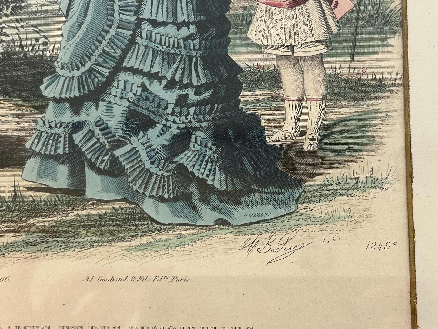 Antique 1875 Jules David Signed French Fashion Plate Hand Colored Engraving Le Journal des Dames Bustle Era Framed Wall Art