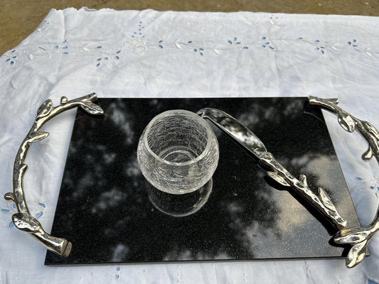 Michael Aram Black Orchid Cheese Board Set, Granite, Black Nickelplate, Knife, Crackle Bowl