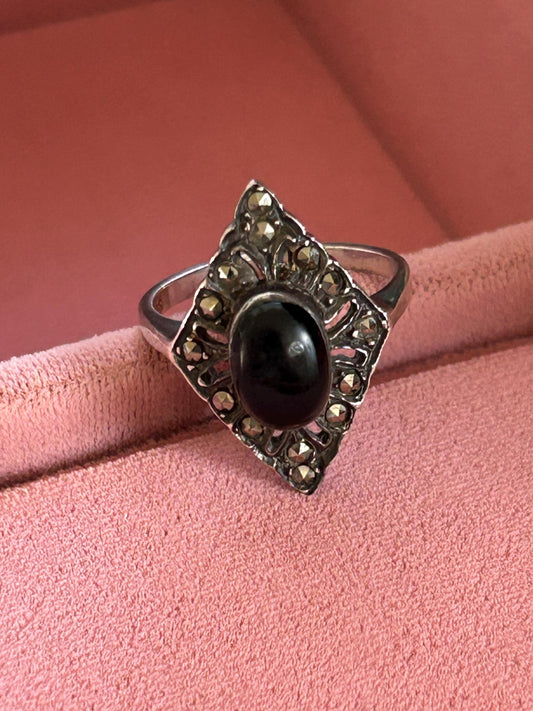 Vintage Sterling Silver Black Onyx & Marcasite Ring, Art Deco Style 925 Silver Marquise Ring, Size 7 Estate Jewelry, Retro Statement Ring