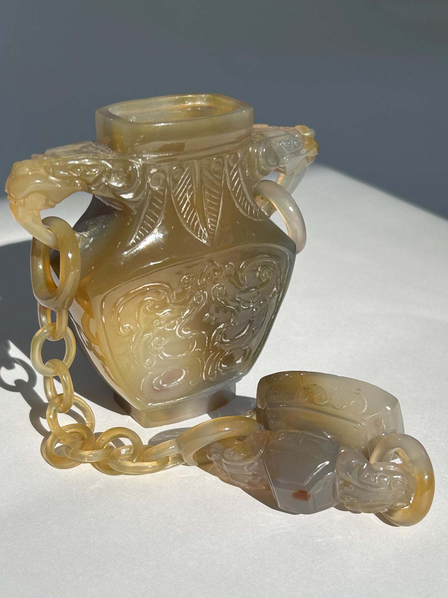 Antique Chinese Carved Agate Covered Vase w/ 13-Link Integral Chain | Late Qing to Republic | Dragon Handles | AS-IS w/ Restoration