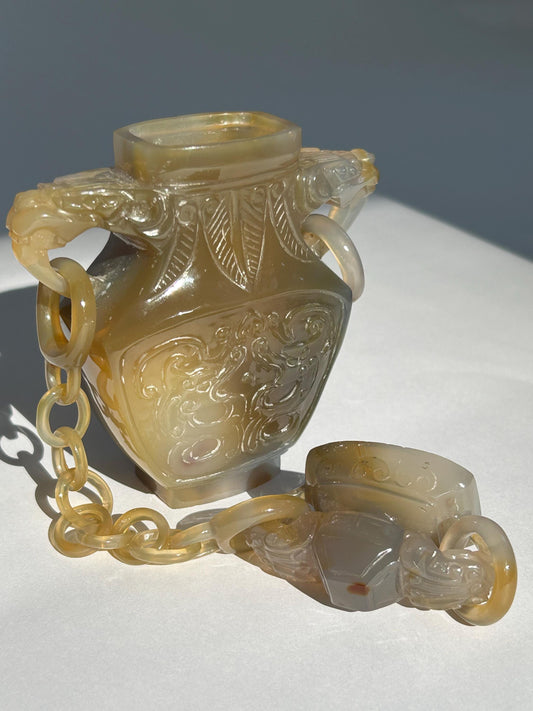 Antique Chinese Carved Agate Covered Vase w/ 13-Link Integral Chain | Late Qing to Republic | Dragon Handles | AS-IS w/ Restoration