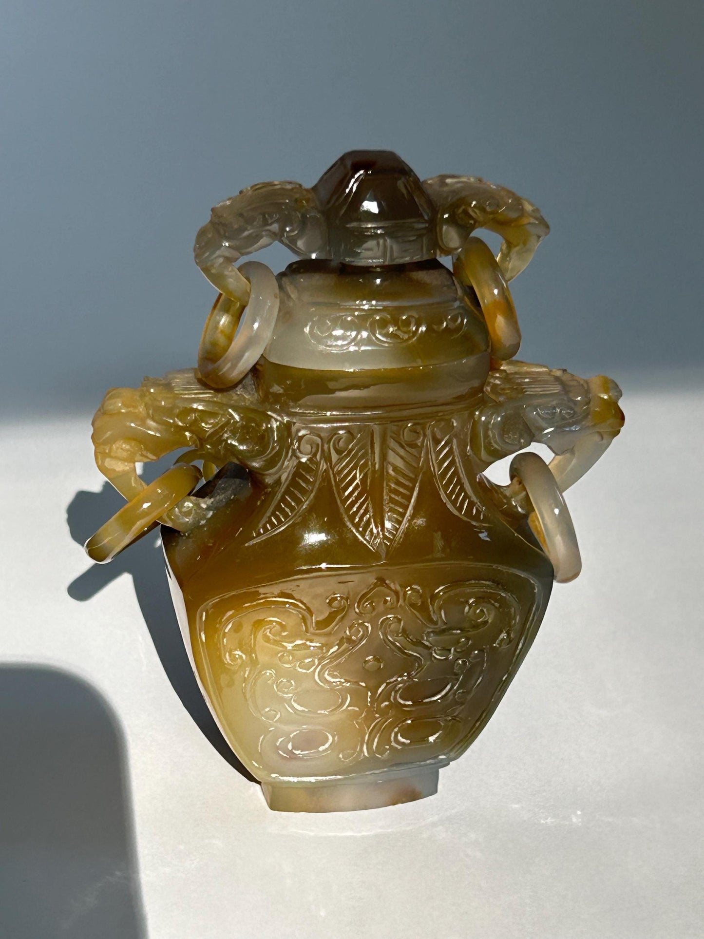 Antique Chinese Carved Agate Covered Vase w/ 13-Link Integral Chain | Late Qing to Republic | Dragon Handles | AS-IS w/ Restoration
