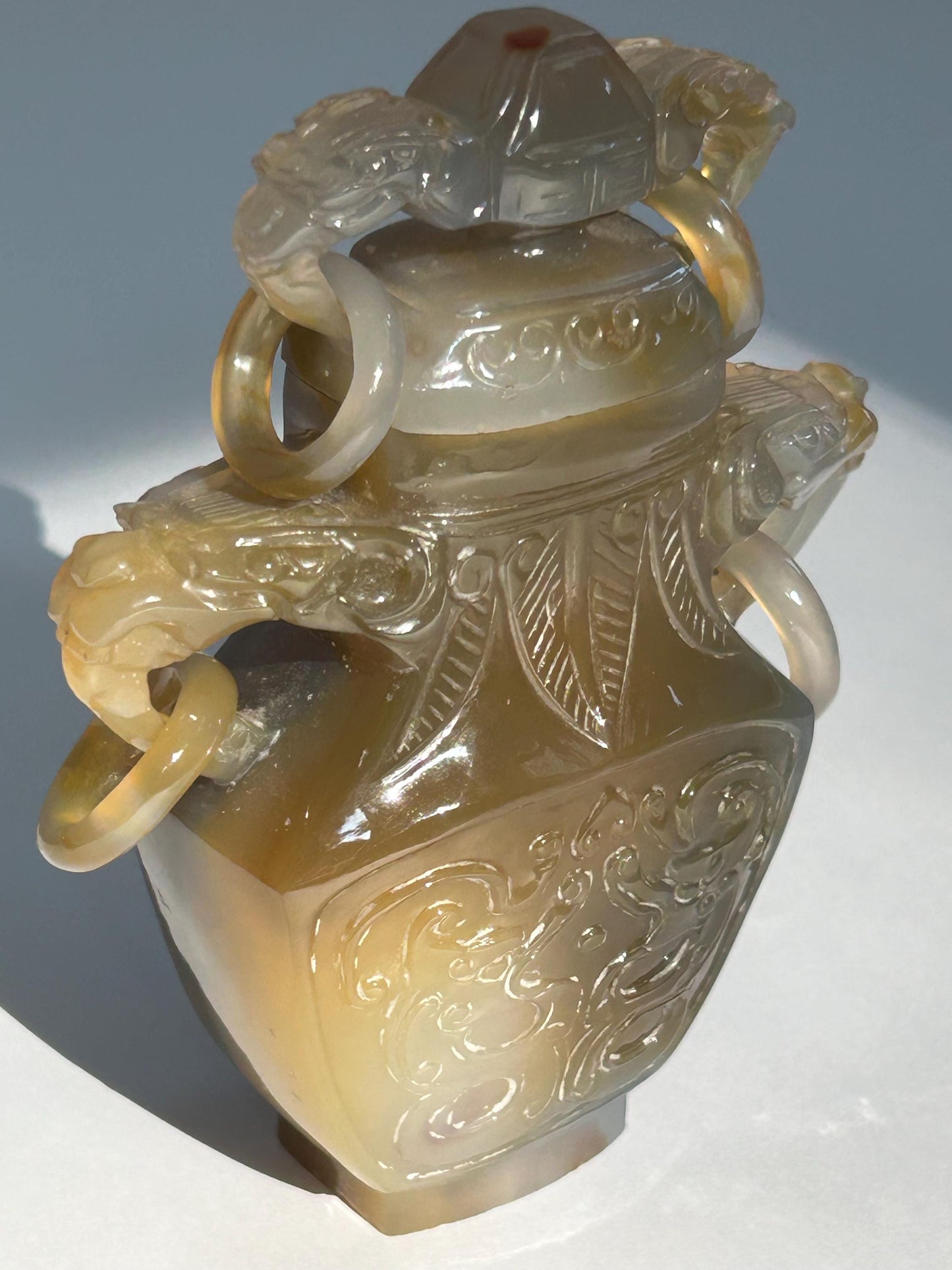 Antique Chinese Carved Agate Covered Vase w/ 13-Link Integral Chain | Late Qing to Republic | Dragon Handles | AS-IS w/ Restoration
