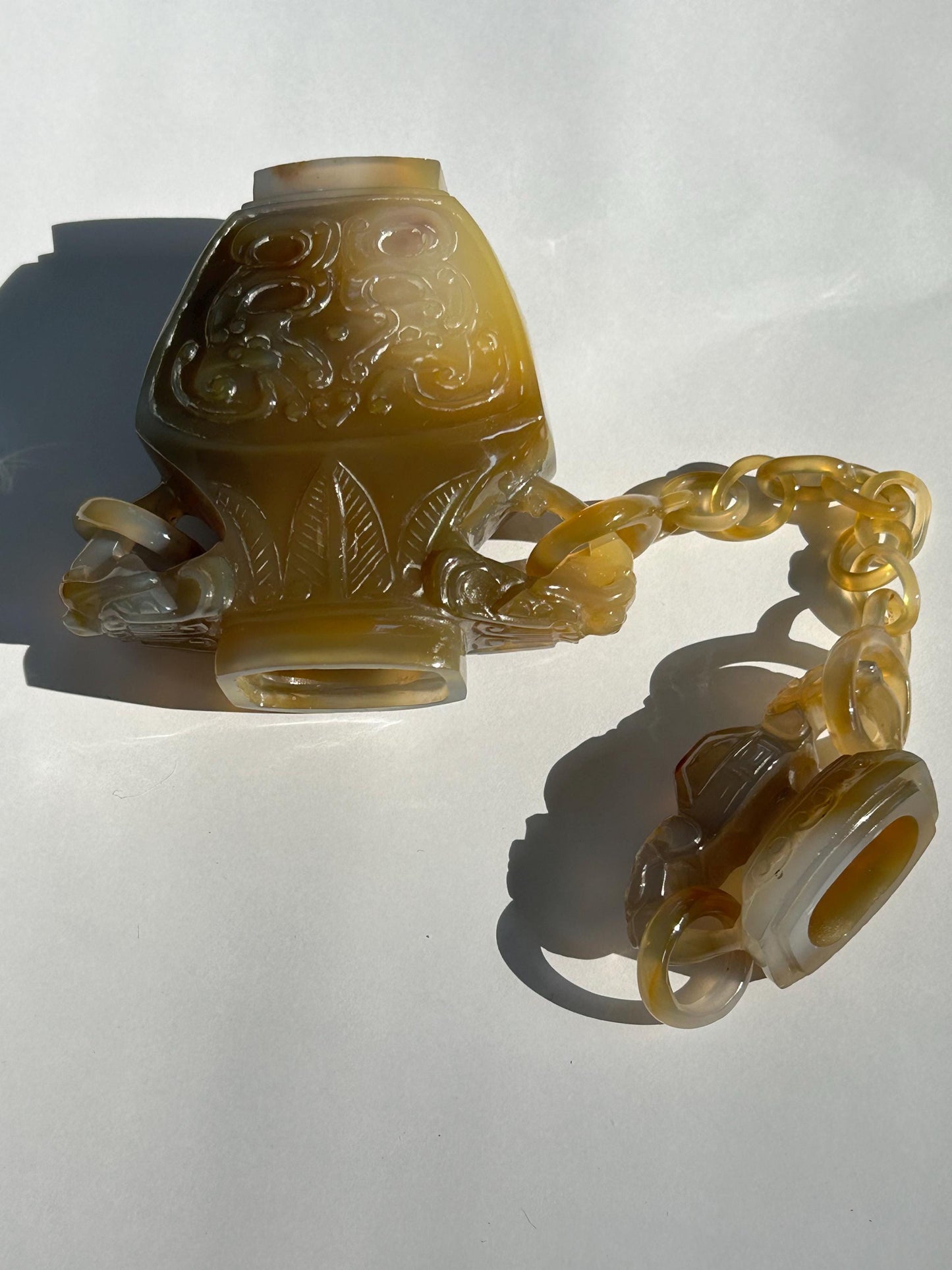Antique Chinese Carved Agate Covered Vase w/ 13-Link Integral Chain | Late Qing to Republic | Dragon Handles | AS-IS w/ Restoration