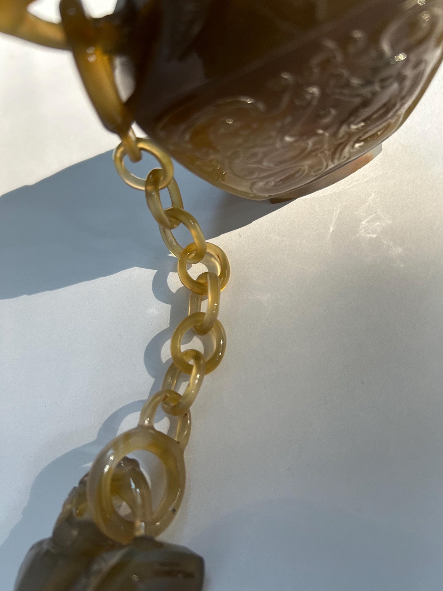 Antique Chinese Carved Agate Covered Vase w/ 13-Link Integral Chain | Late Qing to Republic | Dragon Handles | AS-IS w/ Restoration