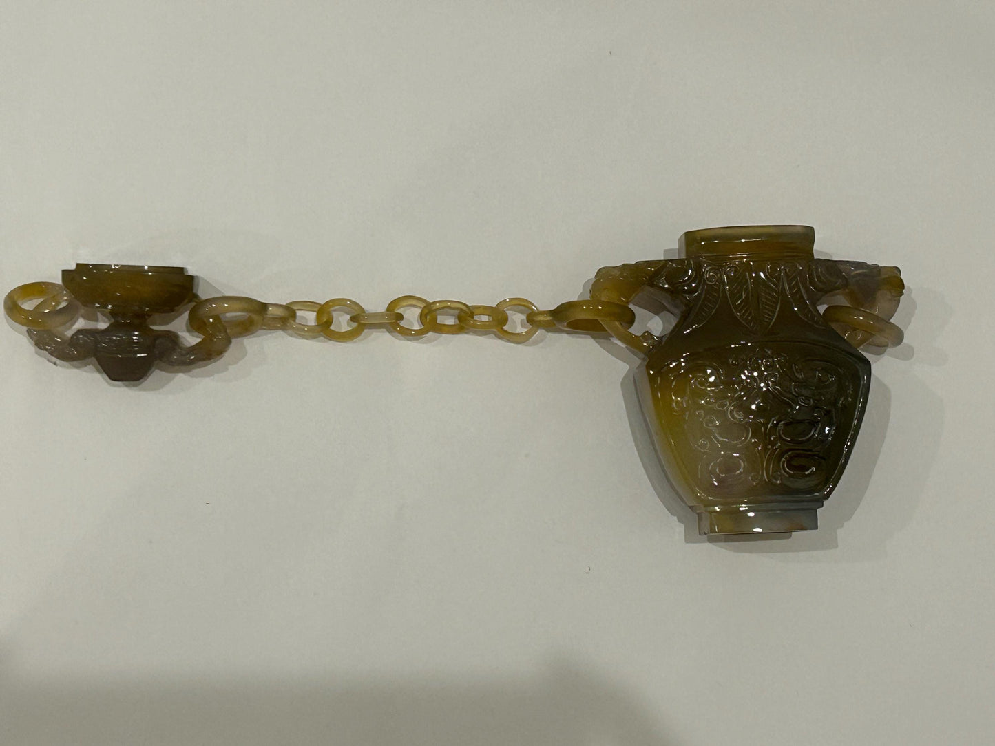 Antique Chinese Carved Agate Covered Vase w/ 13-Link Integral Chain | Late Qing to Republic | Dragon Handles | AS-IS w/ Restoration