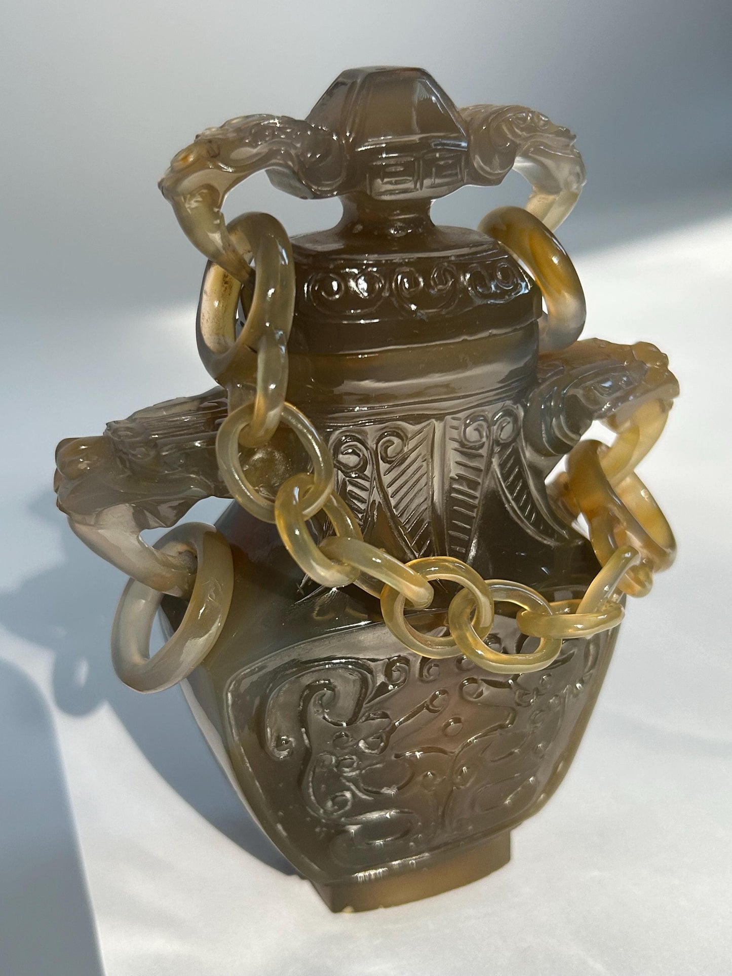 Antique Chinese Carved Agate Covered Vase w/ 13-Link Integral Chain | Late Qing to Republic | Dragon Handles | AS-IS w/ Restoration