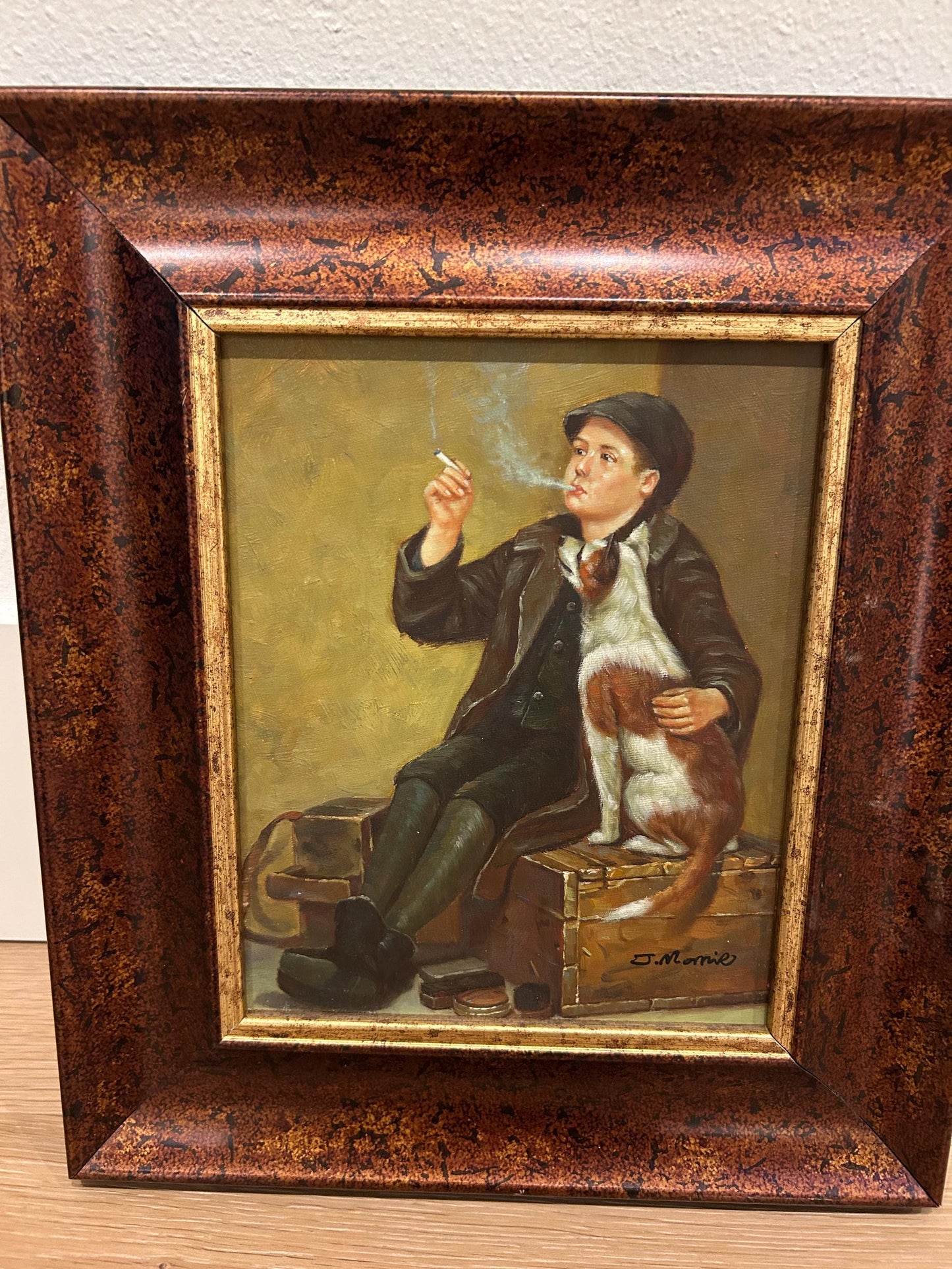 Hand-Painted Oil Reproduction Shoeshine Boy with Dog, Signed J. Morris, Framed Genre Painting, Victorian Street Scene Wall Art Decor