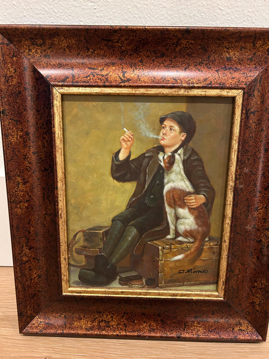 Hand-Painted Oil Reproduction Shoeshine Boy with Dog, Signed J. Morris, Framed Genre Painting, Victorian Street Scene Wall Art Decor
