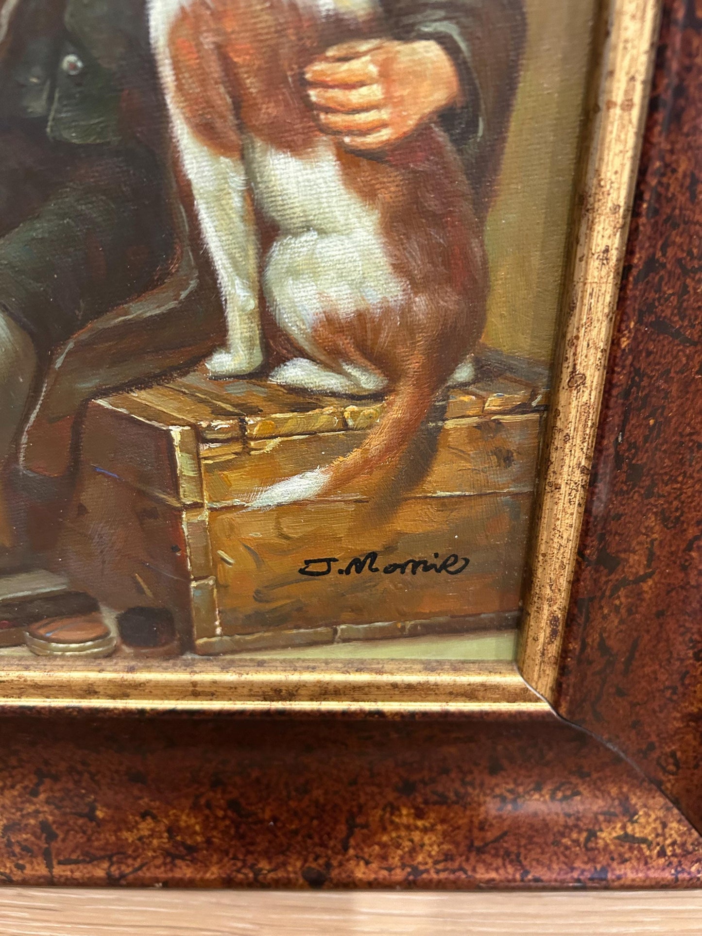 Hand-Painted Oil Reproduction Shoeshine Boy with Dog, Signed J. Morris, Framed Genre Painting, Victorian Street Scene Wall Art Decor