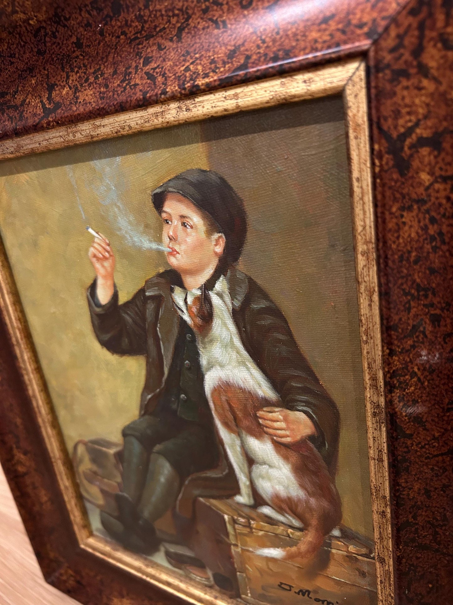 Hand-Painted Oil Reproduction Shoeshine Boy with Dog, Signed J. Morris, Framed Genre Painting, Victorian Street Scene Wall Art Decor